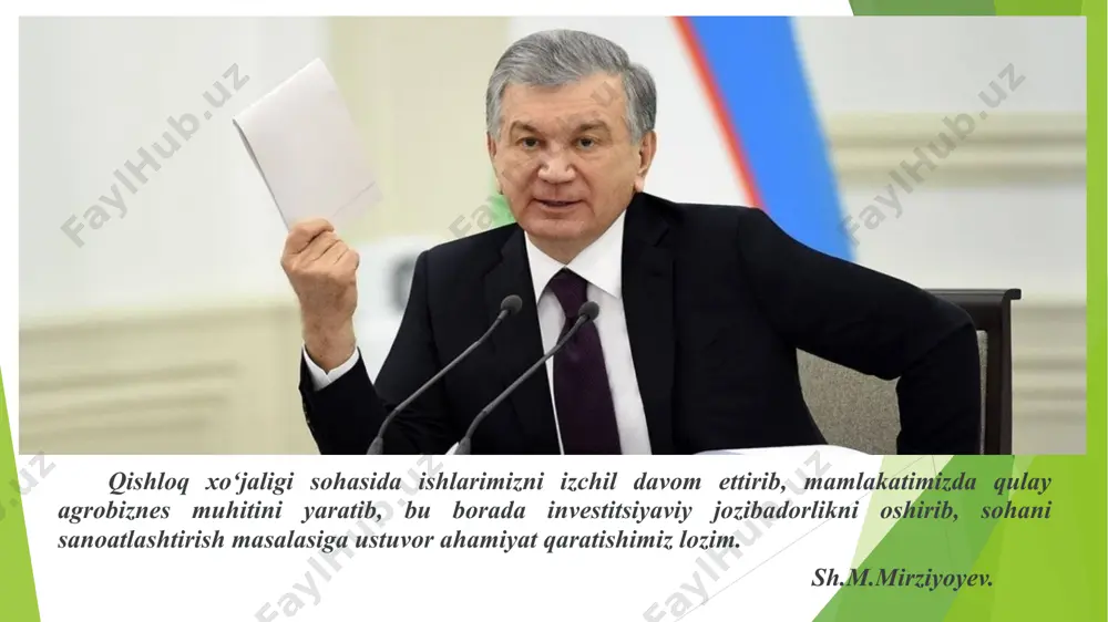 qilishi 2. agrosanoat majmuasining sohalari va bo‘g‘inlari. asm 4ta asosiy sohadan iborat : i soha – asmni ishlab chiqarish vositalari bilan ta’minlaydigan sanoat tarmoqlarini o‘z ichiga oladi: traktor va qishloq xo‘jaligi mashinasozligi, oziq-ovqat va yengil sanoat mashinasozligi, kimyoviy vositalar va mineral o‘gitlar ishlab chiqarish, asbob-uskunalar va texnikalar ta’miri, qurilish. soha hissasiga yakuniy mahsulotning 10 % i, asosiy ishlab chiqarish fondlarining 15 % i, asm ishchilarining 20 % i to‘g‘ri keladi. ii soha – qishloq xo‘jaligi bo‘lib, asm ning markaziy bo‘g‘ini hisoblanadi. qishloq xo‘jaligi 80 ta tarmoqdan ishlab chiqarish resurslarini qabul qiladi va o‘z mahsulotlarini 60 ta tarmoqqa tarqatadi. qishloq xo‘jaligida band bo‘lgan har bir ishchi tarmoqdan tashqarida 5 ta kishining bandligini ta’minlaydi. ushbu sohada asm yakuniy mahsulotining 50 % ga yaqini jalb qilingan va asm ishchilarining 60 % i band. iii soha – qishloq xo‘jaligi mahsulotini tayyorlash, qayta ishlash, saqlash, tashish, shuningdek, yakuniy mahsulot realizatsiyasi bilan shug‘ullanuvchi tarmoqlar va korxonalarni …