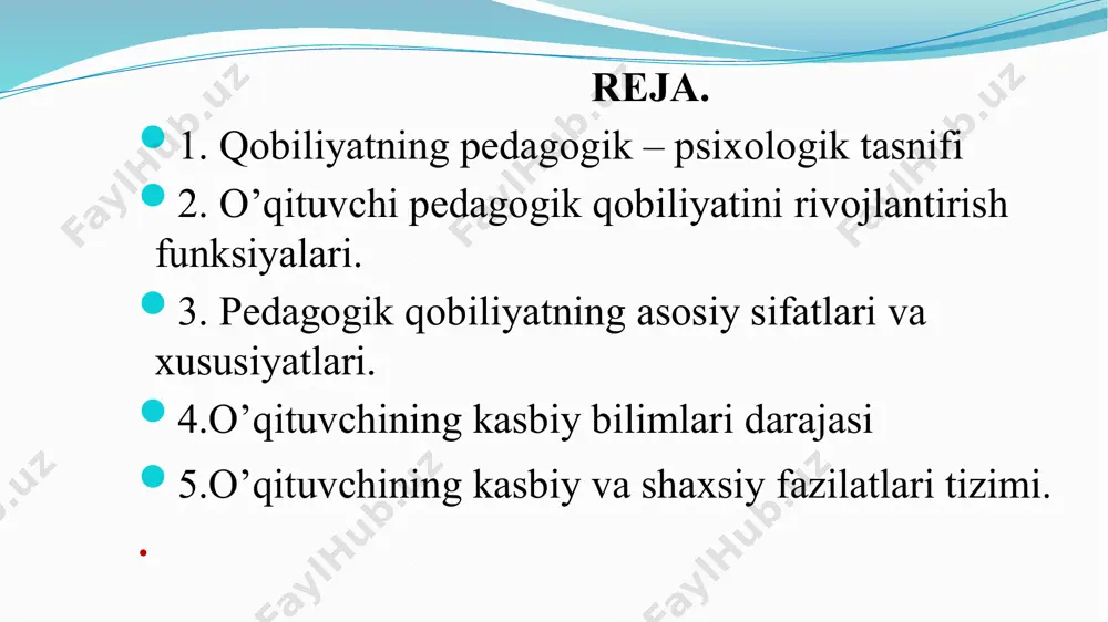 adabiy qobiliyat; nafosat hislarining yuksak taraqqiyot darajasi, xotirada yorqin ko’rgazmali obrazlarning jonliligi, «til zehni», behisob xayolot, ruhiyatga qiziquvchanlik, o’zi ifodalashga intiluvchanlik va boshqalar. ajratib ko’rsatilgan qobiliyatlar tarkibidan ko’rinib turibdiki, matematik va adabiy qobiliyatlar o’zaro bir-biriga o’xshamagan talablari bilan tafovutga egadir. bundan shunday xulosa chiqarish mumkinki, pedagogik, musiqaviy, texnik, konstruktorlik, tibbiy qobiliyatlar va shunga o’xshash qobiliyatlar tuzilishi maxsus xususiyatga ega bo’lib, kasbiy ahamiyat kasb etishi mumkin. psixolog olim olga matveeva quyidagi qobiliyatlarni ko’rsatib o’tadi: 1.muloqot qilish (kommunikativ) qobiliyati: o’qituvchining o’quvchilar bilan dars va darsdan tashqari jarayonlarda sinfda ijobiy ruhiy iqlim yarata olishi. 2.voqealarni oldindan ko’ra olish qobiliyati:ushbu qobiliyat turi har bir o’qituvchining sergakligida, o’quvchilarning ruhiyatini, ichki dunyosini ko’ra olishida namoyon bo’ladi. shunda o’qituvchi kim nimaga qodir ekanligini oldindan bashorat qila oladi. 3.eshitish va his qilish qobiliyati:bunday qobiliyatga ega bo’lgan insonlar musiqani sevishadi, ohangni yaxshi his qilishadi, deklamatsiya asosida yaxshi o’qishadi, eshitgan narsasini xotirada saqlaydi, ayniqsa she’r va qo’shiqlarni sevib tinglaydi. 4.kinestetik …
