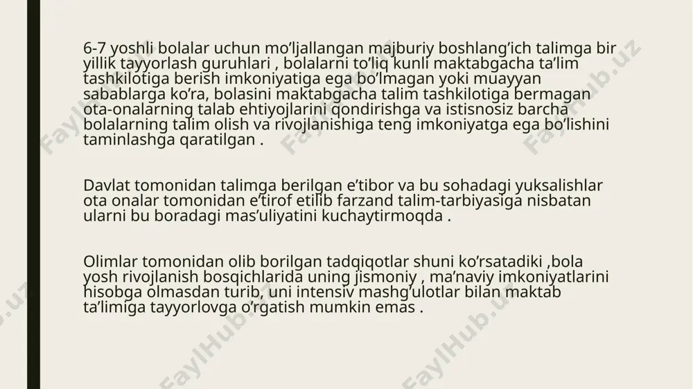 vazifani bajaradi. kichik maktab yoshidagi o‘quvchilar o‘rtog‘ining salbiy xususiyatlarini ko‘pchilik va begonalar o‘rtasida bemalol ayta olish xususiyatiga ega bo‘ladilar. bu esa axloqi va odobi jihatidan tanqidga uchrayotgan bolani o‘rtoqlari jamosiga qo‘shilishdan bosh tortishiga yoki umuman maktabga kelishni istamasligiga sabab bo‘lishi mumkin. shu sabab bolani o‘rtoqlari va ustozlari tomonidan tanqidga uchramaydigan darajada axloq-odob qoidalariga o‘rgatish ahamiyati jihatidan kam bo‘lmagan axloqiy tayyorgarlik hisoblanadi. bolani maktabga irodaviy tayyorgarligi uni yangi kun tartibiga amal qilishida, dars jarayonida qunt bilan bilimlarni o‘zlashtirishida, uy vazifalarini bajarishida o‘z yordamini ko‘rsatadi. maktabga o‘qish uchun kelayotgan bola yangi ijtimoiy mavqeini - turli majburiyatlari va huquqlari bo‘lgan va unga turli talablar qo‘yiladigan - o‘quvchi mavqeini olish uchun tayyor bo‘lmog‘i lozim. 6-7 yoshli bolalar o‘qishidagi asosiy qiyinchilik shundaki, ko‘pincha bu yoshdagi bolalar o‘qituvchini uzoq vaqt davomida tinglay olmaydilar, o‘quv harakatlariga uzoq vaqt o‘z diqqatlarini qarata olmaydilar. bunga sabab, faqat, shu yoshdagi bolalarda ixtiyoriy diqqatning rivojlanmaganligida emas, balki bolaning kattalar bilan muloqotga …