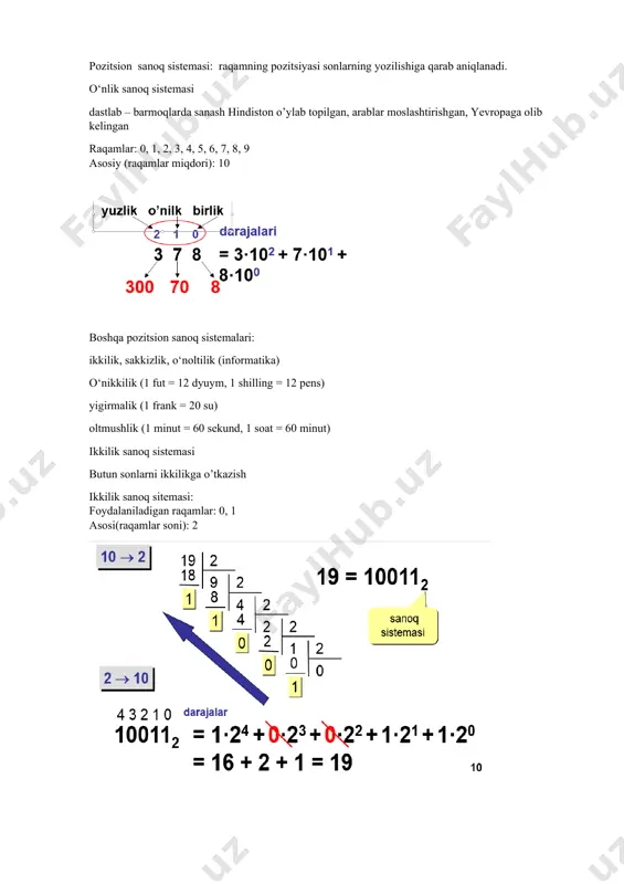 yoriy harf, solishtirish va tinish belgilarining ma'lum tizimdagi (ascii) kodlarini biror algoritmik, masalan, paskal tilida system modulidagi chr (x), ord (n) maxsus funksiyalarni ishlatish orqali aniqlashimiz mumkin eslatib o'tamiz bayt axborot o'lchovi bo'lib, 1 bayt=8 bit, 1 k bayt= 1024 bayt, 1 m bayt=1024 k bayt, 1 g bayt=1024 m bayt. yuqorida keltirilgan misolda kodlash ikkilik sanoq sistemasida bajarilgan. demak, sanoq sistemasi ehmlarning arifmetik, mantiqiy va fizik asosini tashkil etadi. sanoq tizimlari 1. ikkilik sanoq sistemasi 2. sakkizlik sanoq sistemasi 3. o’n oltilik sanoq sistemasi 4. boshqa sanoq sistemalari sanoq sistemasi – bu sonlarni maxsus belgilar – raqamlar yordamida ifodalash turiga aytiladi. sonlar: 123, 45678, 1010011, cxl raqamlar 0, 1, 2, … i, v, x, l, … alifbo –bu raqamlar to‘plami. {0, 1, 2, 3, 4, 5, 6, 7, 8, 9} sanoq tizimlari turlari: nopazitsion – sonlarni yozishda raqamlarnig joylashishi uning joyiga (pozitsiyasiga) bog‘liq emas; pazitsion – bunda pozitsiyaga bog’liq… …