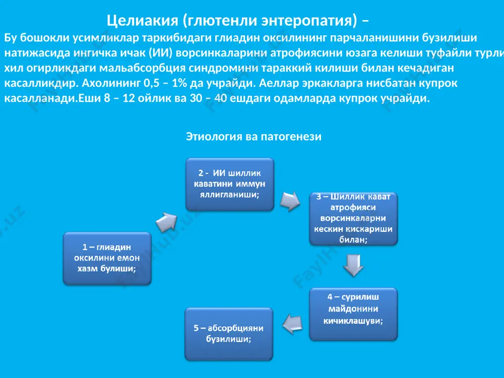 кчалар, аталасимон нажас сувсимон, каттик булакчаларсиз буткул суюк крон касаллиги (кк) – терминал илеит – оит турли кисмларини (айникса ии) номаълум сабабли яллигланиш касаллиги булиб, унда оит сегментлари купрок жарохатланади, тез-тез кайтоловчи тусга эга, яллигланиш инфильтатлари, гранулема ва чизиксимон яралар юзага келиши билан кечади. одатан ии терминал кисми (90%) купрок шикастланади. айрим холларда кизилунгач, ошкозон, 12 б.и. ва йугон ичак жараенга жалб этилиши мумкин. 15 дан 35 ешгача аеллар ва эркаклар деярли тенг даражада касалланишади (хар 100 000 кишига >4 холат). йугон ичак норма крон касаллиги «тахмин килиш мумкинки, кк бу ичак нормал микрофлорасига генетик мойилликка эга организмнинг аномал реакциясидир» (а. форбс и соавт., 2010г) ичакка оид: ичакдан ташкари: 1 – афтоз стоматит; 2 – тугунли эритема; 3 – гангреноз пиодермия; 4 – ирит; 5 – эписклерит; 6 – носпецифик артропатия; 7 – ии – тери окма яраси; 8 – холестеринли конкрементларни хосил булиши; кушимча диагностик усуллар: муолажа: глюкокортикоидлар + …