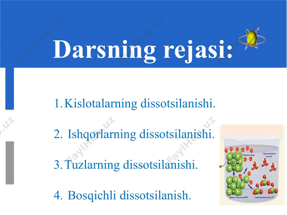 yozing: khco3= mgcl2 = ? aicl3 = ? mgso4 = ? tuzlarni dissotsiatsiyalanishini yozing. 14 tuzlarni dissotsiatsiyalanishini yozing. nordon tuzlar dissotsiatsiyalanishini : khco3= mgcl2 = mg2+ + 2cl- aicl3 = ai3+ + 3cl- mgso4 = mg2+ + tuzlarni dissotsiatsiyalanishini 15 tuzlar dissotsiatsiyalanganda tuzlar uchun umumiy ion hosil bo‘lmaydi. shunga ko‘ra tuzlar uchun umumiy xossalar ham yo‘q. tuzlarni dissotsiatsiyalanishini yozing. har bir odam bir kunda 15 g osh tuzi iste’mol qiladi deb hisoblasak, siz bir kunda necha g natriy ioni iste’mol qilgan bo‘lasiz? bir oyda-chi? 17 image3.png image4.png image5.png image6.gif image7.png image8.png image9.png image10.png image110.png image11.png image12.png image13.png image120.png image15.png image16.png image17.png image180.png image19.png image20.png image21.png image22.png image1.jpeg /docprops/thumbnail.jpeg