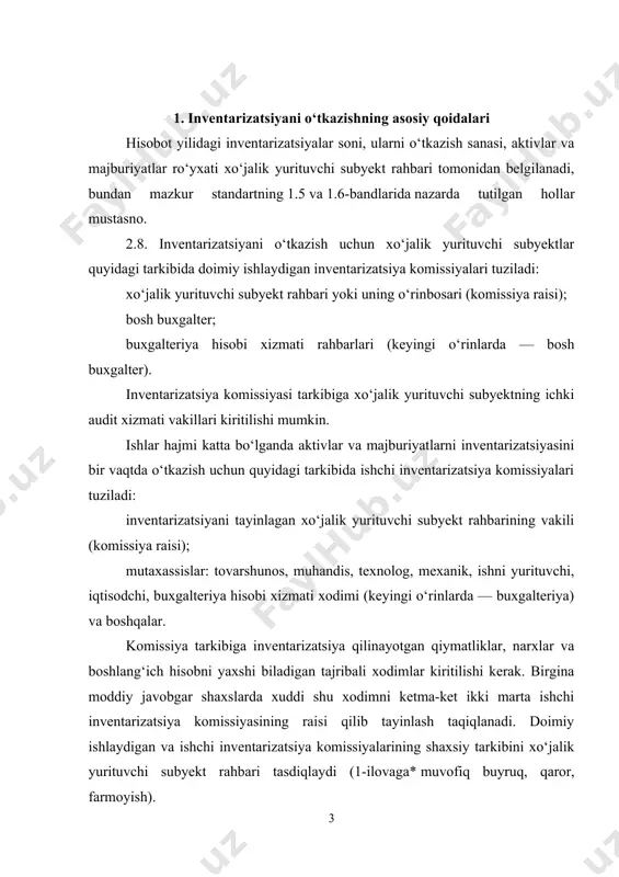 xgalteriya) va boshqalar. komissiya tarkibiga inventarizatsiya qilinayotgan qiymatliklar, narxlar va boshlang‘ich hisobni yaxshi biladigan tajribali xodimlar kiritilishi kerak. birgina moddiy javobgar shaxslarda xuddi shu xodimni ketma-ket ikki marta ishchi inventarizatsiya komissiyasining raisi qilib tayinlash taqiqlanadi. doimiy ishlaydigan va ishchi inventarizatsiya komissiyalarining shaxsiy tarkibini xo‘jalik yurituvchi subyekt rahbari tasdiqlaydi (1-ilovaga* muvofiq buyruq, qaror, farmoyish). inventarizatsiyani o‘tkazishda komissiyaning hattoki bitta a’zosi yo‘q bo‘lsa, bu hol inventarizatsiya natijalarini haqiqiy emas deb topish uchun asos bo‘lib xizmat qiladi. 2.9. doimiy ishlaydigan inventarizatsiya komissiyalari: · qiymatliklar saqlanishini ta’minlashga doir profilaktika ishlarini o‘tkazadi, zarurat bo‘lganda o‘z majlislarida qiymatliklarning saqlanishi masalalari bo‘yicha sex, bo‘lim, shu’balar rahbarlarining axborotlarini tinglaydi; · inventarizatsiya o‘tkazilishini tashkil etadi va ishchi inventarizatsiya komissiyalari a’zolariga yo‘l-yo‘riq berishni amalga oshiradi; · inventarizatsiya to‘g‘ri o‘tkazilganini nazorat tariqasida tekshiruvlarni amalga oshiradi, shuningdek, inventarizatsiyalar orasidagi davrda saqlash va qayta ishlash joylarida tovar-moddiy qiymatliklarni tanlab inventarizatsiyadan o‘tkazadi; · inventarizatsiya natijalari to‘g‘ri chiqarilganini, bazalar, omborlar, omborxonalar, sexlar, qurilish uchastkalari va …
