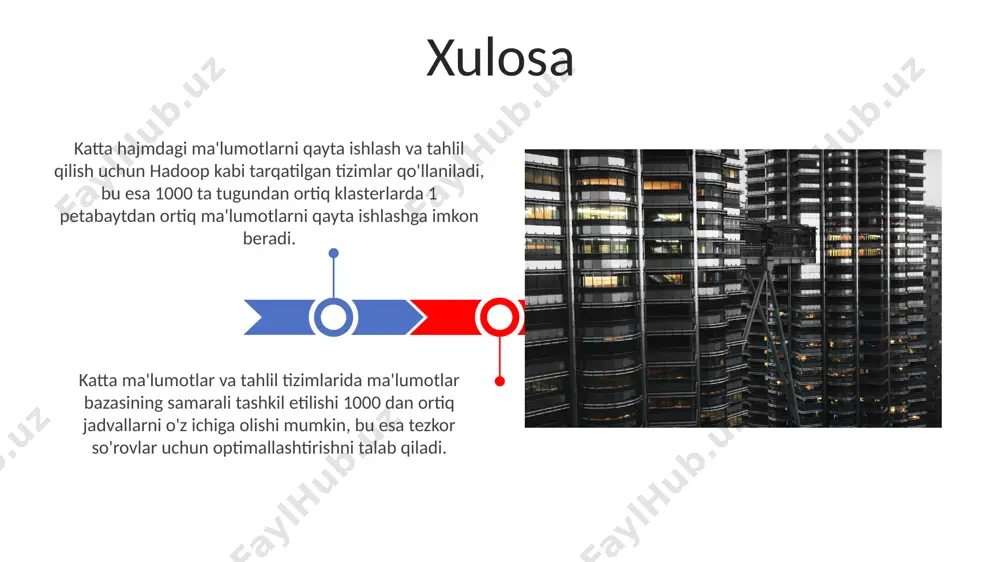 ni oladi va ma'lumotlarning aniqligi va tahlil natijalarining ishonchliligini ta'minlash uchun juda muhimdir. nosql ma'lumotlar bazalari, masalan, mongodb yoki cassandra, yuqori tezlikda va yuqori darajada shkalalanuvchanlikni ta'minlab, soniyalarda millionlab yozuvlarni qayta ishlash va tahlil qilish imkonini beradi. ma'lumotlarni qayta ishlash va tahlil qilish relational ma'lumotlar bazalari relatsion ma'lumotlar bazalari jadvallar va ular orasidagi munosabatlarga asoslangan bo'lib, ma'lumotlarning samarali saqlanishi va qidiruvini ta'minlaydi, 3 normal shaklga rioya qilish ma'lumotlarning ortiqchaligini kamaytiradi. sql (structured query language) relatsion ma'lumotlar bazalarini boshqarish uchun ishlatiladigan asosiy til hisoblanadi va 100 dan ortiq funksiyalarni o'z ichiga oladi, bu esa ma'lumotlarni qayta ishlashni soddalashtiradi. nosql ma'lumotlar bazalari nosql ma'lumotlar bazalari, relational tizimlarga qaraganda ancha moslashuvchan bo'lib, turli xil ma'lumot turlariga, shu jumladan, yarim tuzilgan va tuzilmagan ma'lumotlarga, 500 dan ortiq turli xil sohalarda qo'llaniladi. nosql ma'lumotlar bazalari, masalan, mongodb kabi hujjatga yo'naltirilgan tizimlar, 10 terabayt va undan ortiq ma'lumotlarni saqlashga qodir bo'lib, yuqori darajada shkalalanuvchanlikni ta'minlaydi. ma'lumotlarni …
