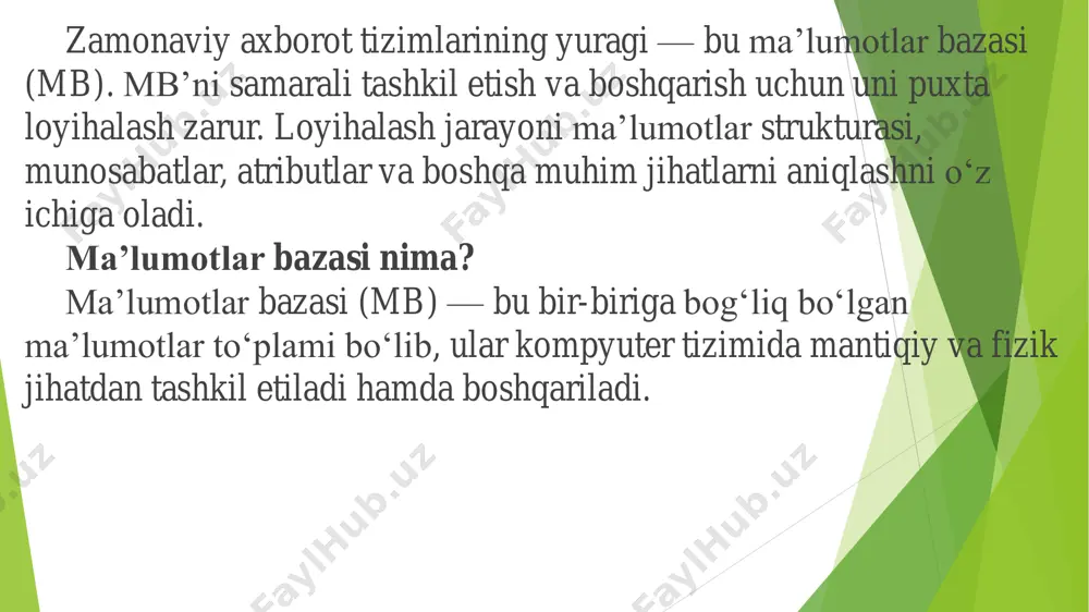 hqa jadvaldagi birlamchi kalitga havola. normalizatsiya. ma’lumotlar bazasidagi ortiqcha ma’lumotlarni yo‘q qilish va strukturani optimallashtirish uchun amalga oshiriladi. bosqichlari: — 1-normal forma (1nf) — atributlar bo‘linmas bo‘lishi kerak. — 2-normal forma (2nf) — har bir atribut to‘liq birlamchi kalitga bog‘liq bo‘lishi kerak. — 3-normal forma (3nf) — tranzitiv bog‘liqlik bo‘lmasligi kerak. fizik model. bu bosqichda saqlash vositalari, indekslar, klasterlash, yuklama balansi kabi texnik elementlar hisobga olinadi. loyihalashdagi xatoliklar. — ortiqcha atributlar qo‘shish — kalitlarni noto‘g‘ri tanlash — er-modelni etarlicha aniq tuzmaslik amaliy misol universitet ma’lumotlar bazasini loyihalashda quyidagilar aniqlanadi: — talaba, guruh, fan, o‘qituvchi obyektlari — ular orasidagi aloqalar — mantiqiy jadvallar sql va implementatsiya sql yordamida er-model asosida bazani yaratish: create table talaba ( id int primary key, ism varchar(50), familiya varchar(50) ); ma’lumotlar bazasini to‘g‘ri loyihalash samarali ishlash, tezkor qidiruv va ma’lumotlarni xavfsiz boshqarishning kafolatidir. har bir bosqich puxta o‘ylangan bo‘lishi kerak.