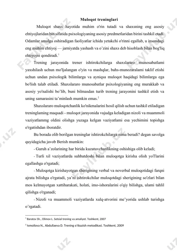ishtirokchilar muloqotdagi sherigining so'zlari bilan mos kelmayotgan xattiharakati, holati, imo-ishoralarini o'qiy bilishga, ulami tahlil qilishga o'rganadi; · nizoli va muammoli vaziyatlarda xulq-atvorini me’yorida ushlab turishga o’rgatadi. · muloqot jarayonida boshqalami, o'zini, shuningdek odamlar orasidagi munosabatlami yaxshiroq tushunishga o'rgatadi. · shaxsning o'z-o'zini anglash jarayonini tezlashtiradi. · o'zi va suhbatdoshining emotsional holatini solishtirishga, o'zidagi emotsional zo'riqishni pasaytirishga o'rgatadi. muloqot - bu ehtiyoj, ya’ni kishilaming bir-birlari bilan birga bo'lishga, o'z likr-o'ylari, qiziqishlari, e’tiqodlari va shu kabilami o'zaro muhokama qilishga bo lgan juda katta ijtimoiy ehtiyoji hisoblanadi. bu ehtiyojning qondirilmasligi nafaqat jismoniy, balki ruhiy salomatlikning buzilishiga ham olib keladi.[footnoteref:3] [3: вебер в. важные шаги к помогающему диалогу. введение. спб.: ратэпп, 1998 ] shuning uchun jamiyatda yashayotgan har bir shaxs o'z hayotida о zgalar bilan samarali muloqotga kirisha olish uchun muloqotchanlik ко nikmalariga ega bo lishi maqsadga muvofiqdir. bizga ma’lumki, agar shaxs muloqotchan bo isa, unda shaxslararo muloqot jarayonida uning boshqalar bilan kelishuvi va muammoli …
