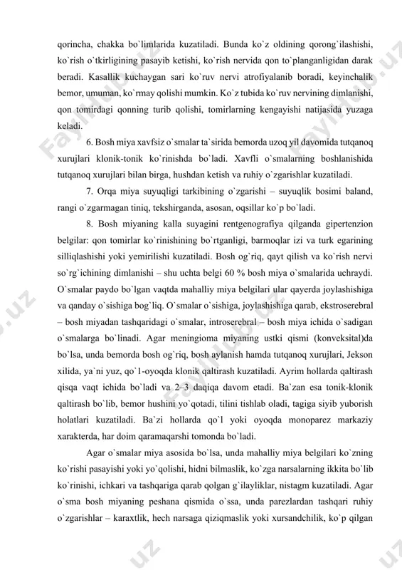 i. ayrim hollarda qaltirash qisqa vaqt ichida bo`ladi va 2–3 daqiqa davom etadi. ba`zan esa tonik-klonik qaltirash bo`lib, bemor hushini yo`qotadi, tilini tishlab oladi, tagiga siyib yuborish holatlari kuzatiladi. ba`zi hollarda qo`l yoki oyoqda monoparez markaziy xarakterda, har doim qaramaqarshi tomonda bo`ladi. agar o`smalar miya asosida bo`lsa, unda mahalliy miya belgilari ko`zning ko`rishi pasayishi yoki yo`qolishi, hidni bilmaslik, ko`zga narsalarning ikkita bo`lib ko`rinishi, ichkari va tashqariga qarab qolgan g`ilayliklar, nistagm kuzatiladi. agar o`sma bosh miyaning peshana qismida o`ssa, unda parezlardan tashqari ruhiy o`zgarishlar – karaxtlik, hech narsaga qiziqmaslik yoki xursandchilik, ko`p qilgan ishlariga javob bermaslik, o`z-o`ziga tanqid hissi pasaygan bo`ladi. agar o`sma ichki kapsula sohasida bo`lsa, unda vii – xii juft kalla bosh mya nervlarining markaziy falajlanishi, gemiparez markaziy xarakterda, gemianesteziya o`tkazuvchanlik xilida bo`ladi. agar o`smalar qorinchalar ichida o`ssa, unda qattiq bosh og`riq, qusish, boshni ma`lum xilda ushlab turish kuzatiladi, chunki o`sma suyuqliklar yo`lini to`sib qo`yadi. ii. dislokatsiya, ya`ni bosh …