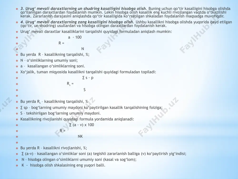 oidium kasalligi novdalarda 7-8 barg paydo bo‘lganda boshlanadi va vegetatsiya oxirigacha kuzatiladi. shuning uchun tokzorlarda tekshirishlar kamida 3 marta o‘tkaziladi: gullashdan oldin; gullab bo‘lgandan keyin mevalar g‘ura shaklida bo‘lganda; pishish arafasi. tekshiriladigan tokzorda har 10-chi qatorning har 10-chi o‘simlik to‘pi hisobga olinadi. tekshirishda barg, novda va mevalarning zararlanishi aniqlanadi, keyin esa tokzor bo‘yicha o‘rtacha zararlanish ham hisoblanadi. zararlanish darajasi quyidagi shkaladan topiladi: 0 – g‘uborlar kam, faqat ayrim barg (mevalarda) mavjud; 1 – to‘pdagi 10% barg (meva)lar zararlangan; 2 – 10-25% barg (meva) lar zararlangan; 3 – 25-50% barg (meva) lar zararlangan; 4 – 50% dan ko‘proq barg (meva) lar zararlangan. 2. tokning antraknoz kasalligini hisobga olish. bu kasallikni yuzaga chiqqan vaqti hisobga olish kerak. odatda, endi barg chiqish vaqtidan boshlab, toharorat 300s dan oshgancha davom etadi (yomg‘irlar tugaguncha), ya’ni yoz oylari boshlangunicha. tekshiriladigan tokzorda har 10-chi qatorning har 10-chi o‘simlik to‘pi hisobga olinadi (oidiumni hisobga olish uchun belgilangan o‘simliklardan …