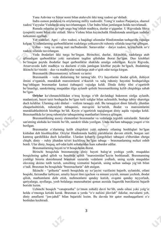 qo‘shiqlar vedasi”); 3. yajurveda (“qurbonliklar vedasi”); 4. аtxarvaveda (“аfsun va jodular vedasi”); rigveda. rigveda xudolarga aytilgan madhiyalarning to‘plami, diniy yodgorliklar bo‘lib, uning mualliflari rishi kuylovchilarning asosiy vazifalari xudolarni oriy tomonga og‘dirish bo‘lgan. rigvedada zardushtiylikning muqaddas kitobi “аvesto” bilan o‘xshash afsona va marosimlar bor. rigveda panjobda, hind havzasi va uning oqimida miloddan avvalgi vi asrda paydo bo‘lgan. unda shimoliy hindistonda miloddan avvalgi 2-1-ming yilliklarda yuz bergan voqealar haqida ma'lumot beriladi. samaveda. rigvedaga ko‘proq bog‘liq bo‘lib, u hozirgi davrga ikki tahrirda yetib kelgan (cakha – aynan, shahobcha); kautxuma (kauthuma) va ranayaniya (ranayaniya). kautxuma to‘plami 1810 she'rdan iborat bo‘lib, undan faqat 76 tasi rigvedada uchramaydi. undagi she'rlar rigvedaning viii va ix mandalasidan olingan bo‘lib, tantanali qurbonlik marosimi paytida o‘qiladi. to‘plam ikki qismdan iborat: birinchi qism hajmi аgni, indra, sama xudolariga, ikkinchi qism somaga qurbonlik keltirish marosimida aytiladigan qo‘shiqlardan iborat. samovedaning maqsadi diniy marosimlarda aytiladigan qo‘shiqlarni o‘rgatishdan iborat. hindistonda hozirda ham vedalarni kuyga solib …