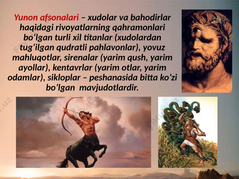 armandlar xudosi afrodita - muhabbat va go’zallik ilohasi ares - urush xudosi dionis - sharob xudosi germes - savdo xudosi yunonlarning e’tiqodicha, xudolar makedoniya va fessaliya chegarasidagi yunoniston viloyatlaridan biri elidada olimp tog‘ida yashagan. qadimgi yunonlarning xudolari va ilohalari ham odamlarga ancha o‘xshaydi. yunonlarning xudolari xohish-irodasiga qarshi borganlarni shafqatsiz jazolaydi. shuning uchun xudolardan qo‘rqishar, ular sharafiga ko’plab ibodatxonalar barpo etib, qurbonliklar qilganlar. savol va topshiriqlar 1. qadimgi yunoniston tarixini o‘rganishda afsonalar qanday ahamiyatga ega? 2. yunonlar xudolar to‘g‘risidagi afsonalarda, qadimgi yunoniston asotirlarida tabiatning har xil hodisalarini qay tarzda tushuntirishgan? 3. qadimgi yunon afsonalarining asosiy qahramonlarini sanab bering. 4. sizningcha, nima sababdan yunonlar xudolarni qizg’anchiq va shafqatsiz, kunni bazmi jamshid va ermakbozlikda o’tkazadi, bir-biri bilan tortishadi, deb hisoblashgan? image1.jpg image2.jpeg image3.png image4.jpeg image5.jpeg image6.jpeg image7.jpeg image8.jpeg image9.jpeg image10.jpeg image11.jpeg image12.jpeg image13.jpeg image14.jpeg image15.jpeg image16.jpeg image17.jpeg image18.gif image19.jpeg image20.jpeg image21.jpeg image22.jpeg