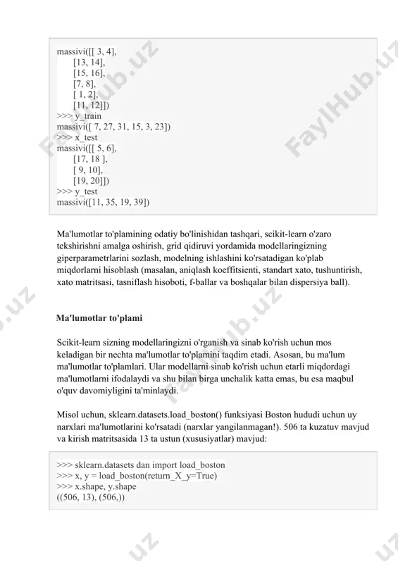 test_size=0,33, random_state=0) ba'zi usullar ma'lumotlarning miqyosini (standartlashtirish) talab qiladi, boshqa usullar esa buni talab qilmaydi. bu safar biz masshtablashtirmasdan davom etamiz. endi biz regressorimizni yaratishimiz va uni o'qitish uchun tanlangan ma'lumotlar to'plami bilan o'rgatishimiz kerak: >>> regressor = randomforestregressor(n_estimators=10, random_state=0) >>> regressor.fit(x_train, y_train) randomforestregressor(bootstrap=true, criterion='mse', max_depth=yo'q, max_features=_aff='aule yo‘q, min_impurity_decrease=0,0, min_impurity_split=yo‘q, min_samples_leaf=1, min_samples_split=2, min_weight_fraction_leaf=0,0, n_estimators=10, n_jobs=yo‘q, oob_score, random_state= alse0) model o'qitilgandan so'ng, biz aniqlanish koeffitsientini ma'lumotlarning o'rgatish to'plamida va eng muhimi, modellarni o'rgatishda foydalanilmagan ma'lumotlarning test to'plamida sinovdan o'tkazamiz. >>> regressor.score(x_train, y_train) 0,9680930547240916 >>> regressor.score(x_test, y_test) 0,8219576562705848 boshqa yangi x_new kirishlari berilgan natijani bashorat qilish uchun etarlicha yaxshi o'qitilgan modeldan foydalanish mumkin. bunday holda, .predict() buyrug'i ishlatiladi: regressor.predict(x_new). tasniflash scikit-learn tasniflashni regressiya bilan bir xil tarzda amalga oshiradi. u logistik regressiya va k-eng yaqin qo'shnilar, qo'llab-quvvatlash vektor mashinasi, sodda bayes klassifikatori, qarorlar daraxti, shuningdek, tasodifiy o'rmon, adaboost va gradientni kuchaytirish kabi usullar ansamblini qo'llab-quvvatlaydi. ushbu maqola tasniflash uchun tasodifiy o'rmon usulidan …