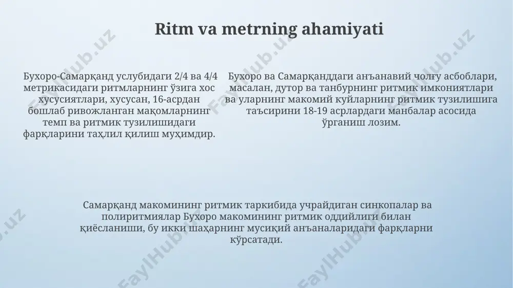 an murakkab tuzilmani shakllantirgan. musiqiy shakllar va janrlar "мақом" анъанаси доирасидаги 5 та асосий мусиқий жанр бухоро-самарқанд услубида ўзига хос хусусиятларга эга бўлиб, уларнинг ижросидаги услубий фарқларни аниқлаш мумкин. бухоро-самарқанд услубидаги 12-15 асрларга тегишли "шошма" ва "сабо" каби мусиқий шаклларнинг мавжудлиги, уларнинг ритмик тузилиши ва ҳайъатлари бухоро ва самарқанд шаҳарларидаги анъаналар билан боғлиқ. бухоро-самарқанд услубидаги 12-15 асрларга тегишли "шошма" ва "сабо" каби мусиқий шаклларнинг мавжудлиги, уларнинг ритмик тузилиши ва ҳайъатлари бухоро ва самарқанд шаҳарларидаги анъаналар билан боғлиқ. improvizatsiya va uning roli бухоро-самарқанд мактабидаги импровизация 12-15 асрлардаги мусиқий анъаналардан келиб чиққан бўлиб, шўх ва лирик куйларда 2-3 мақомнинг ўзаро уйғунлигини намоён этади. бухоро ва самарқанддаги мактабларда импровизациянинг "чарх" ва "таноб" каби 3-4 та мураккаб ритмик тузилмаларининг таъсири кучли бўлган. машҳур бастакорларнинг 18-19 асрларга оид ёзувларидаги таҳлиллар, импровизациянинг самарқанддаги мусиқачиларининг 5-7 та асосий мақомга эга эканлигини кўрсатади. tadqiqotlar va kelajakdagi istiqbollar келажакда бухоро-самарқанд мусиқа услубини ўрганишда, хусусан, мавжуд 15 та асосий бастакорнинг …