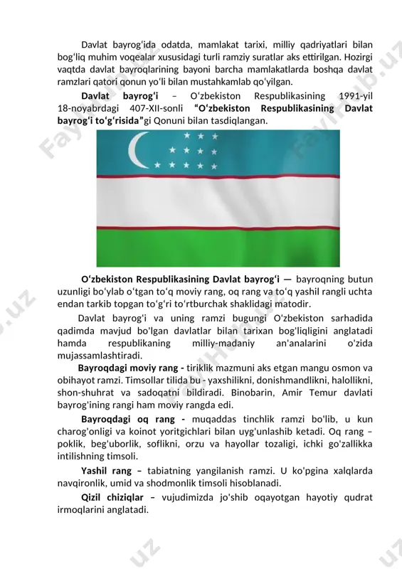 n sarhadidagi qadimgi davlatlar ilmiy tafakkurida nujum ilmi taraqqiy etganligi bilan ham izohlanadi. bugun milliy bayrog‘imiz o‘zbekiston respublikasiga tegishlilikni belgilash maqsadida davlat organlarining ramziy belgilarida (bayroq, emblema – geraldik belgi, vimpel va boshqa ramzlar) va ularning internet jahon axborot tarmog‘idagi rasmiy veb-saytlarida, o‘zbekiston respublikasi davlat mukofotlarining asosi yoki elementi sifatida shuningdek, o‘zbekiston a’zo bo‘lgan xalqaro tashkilotlar, chet ellardagi elchixonalar va doimiy vakolatxonalarimiz peshtoqida hilpirab turibdi. turli bayram tantanalari, mamlakatimiz a’zolari qatnashayotgan xalqaro miqyosdagi siyosiy, madaniy-ma’rifiy tadbirlar, nufuzli sport musobaqalarida ham bayrog‘imiz vatanimizning sha’ni, xalqimizning g‘ururini yorqin aks ettirmoqda. 1992-yilning 2-martidan boshlab davlatmiz bayrog‘i birlashgan millatlar tashkilotining bosh qarorgohi binosida hilpirab turibdi. davlatimiz bayrog‘i xalqaro maydonda mamlakatimizning o‘ziga xos o‘rni, mustaqilligimiz e’tirofi, xalqimiz g‘urur va iftixori timsoli bo‘lib xizmat qilmoqda. har bir inson ongu shuuriga vatanimiz ramzlariga nisbatan chuqur hurmat tuyg‘ularini singdirish, umummilliy va ehtirom timsollari bo‘lgan bayroq, gerb va madhiyamizni ulug‘lash va ardoqlash barchamizning muqaddas burchimizdir. bugungi kunda mamlakatimizning jahon …