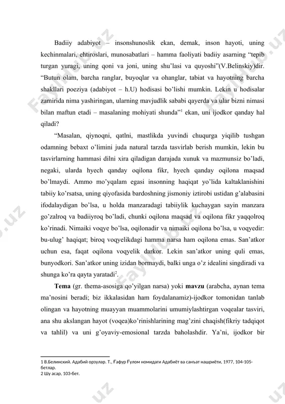 tahlil) va uni g’oyaviy-emosional tarzda baholashdir. ya’ni, ijodkor bir vaqtning o’zida uchta vazifani, bir-biriga bog’langan va chatishgan tarzdagi yaxlit maqsadni ko’zlab ish ko’radi: 1. xalq va davrning milliy ko’rinishlari doimo aniq, tarixan konkretdir va har bir asarda ana shu ko’rinishlar ichidan tanlab olingan voqealar doirasi tasvirlanadi, bu-tematikadir. jumladan, “o’tgan kunlar”da xix asrning ikkinchi yarmidagi turkistondagi hayot aks etgan bo’lsa, “uch ildiz” (p.kodirov)da o’zbekistondagi xx asrning 60- yillaridagi talabalar hayoti bilan bog’liq voqealar tasvirlangan. 2. badiiy asarda aks etgan ijtimoiy xarakterlarni yozuvchi tomonidan (g’oyaviy-badiiy) anglash (mag’zini chaqish), bu - problematika (gr. problema-oldinga tashlangan narsa, hayotning boshqa tomonlaridan ajratib olingan)dir. jumladan, “sudxo’rning o’limi”da sadriddin ayniy-sudxo’rlik va xasislikka ajratib tasvirlasa, “qutlug’ qon”da o’zbekning o’z-o’zini anglashi va erk, ozodlik uchun kurashini oybek bo’rttirib tasvirlaydi. ajratib, bo’rttirib tasvirlangan qirralarda asarning g’oyaviy muammosi mujassamlashadi. 3. tasvirlangan ijtimoiy xarakterga yozuvchining g’oyaviy-emosional munosabati (muayyan xarakterni sevishi, ardoqlashi, e’zozlashi yoki ma’lum xarakterni qoralashi, rad etishi, undan g’azablanishi; aniq bir …