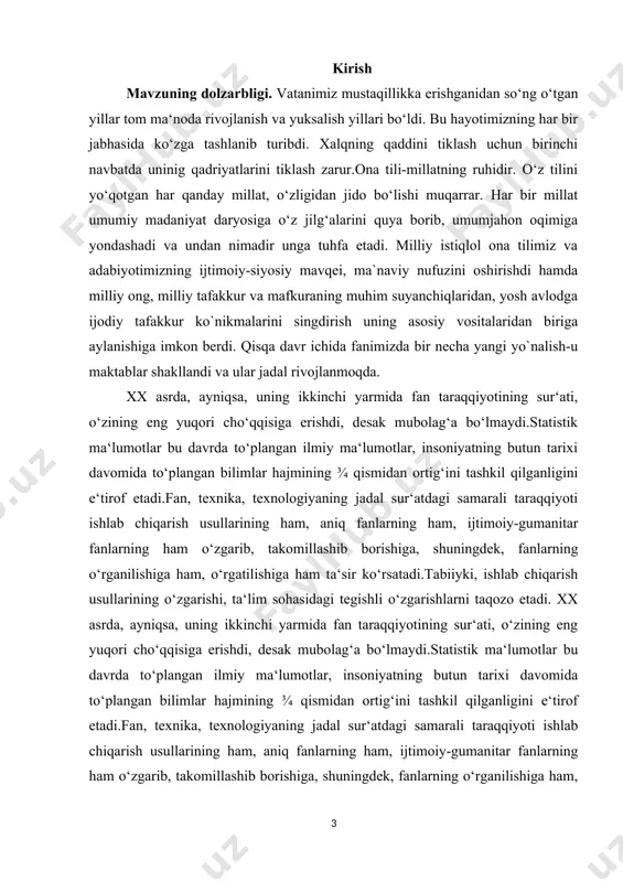 azifalarni amalga oshirishni taqozo etmoqda. malakali kadrlarni tarbiyalash uzoq muddatli, murakkab jarayon bo‘lib, ushbu jarayonning muvaffaqiyatli amalga oshishi yuqori samaradorlikka ega bo‘lgan o‘qitish texnologiyalarini ta‘lim jarayonida qo‘llashni va keng ko‘lamli axborotlardan foydalanishda tezkorlikka erishishni taqozo etadi. ushbu maqsadlarning ijobiy natijaga ega bo‘lishi, eng avvalo, yosh avlodga ilmiy bilim asoslarini puxta o‘rgatish, ularda keng dunyoqarash hamda tafakkur ko‘lamini hosil qilish, ma‘naviy-axloqiy sifatlarni shakllantirish borasidagi ta‘limiy-tarbiyaviy ishlarni samarali tashkil etishga bog‘liqdir. zero, yurtning porloq istiqbolini yaratish, uning nomini jahonga keng yoyish, ulug‘ ajdodlar tomonidan yaratilgan milliy-madaniy merosni jamiyatga namoyish etish, ularni boyitish, mustaqil respublikamizning rivojlangan mamlakatlar qatoridan o‘rin olishini ta‘minlash yosh avlodni komil inson hamda malakali mutaxassis qilib tarbiyalashga bog‘liqdir. o‘zbekiston respublikasi oliy majlisining ix sessiyasi (1997-yil 29- avgust)da qabul qilingan hamda bugungi kunda g‘oyalari amaliyotga keng ko‘lamda muvaffaqiyatli tatbiq etilayotgan o‘zbekiston respublikasining «ta‘lim to‘g‘risida»gi qonuni va «kadrlar tayyorlash milliy dasturi» mazmunida barkamol shaxs va malakali mutaxassisni tarbiyalab voyaga yetkazish jarayonining mohiyati …