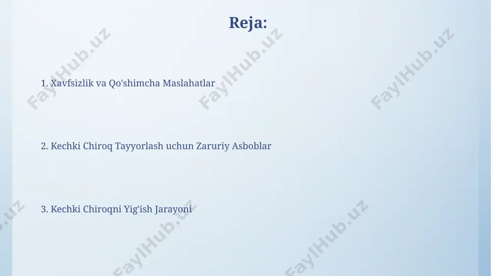 lash juda muhim, chunki noto'g'ri hisoblash oqibatida haddan tashqari qizib ketish va yong'in xavfi mavjud. elektr zanjiri ulashda, parallel ulanish sxemasidan foydalanish, kuchlanishning barqarorligini ta'minlaydi va bir qismning ishlamay qolishi boshqa qismlarga ta'sir qilmaydi, shuningdek, 2-3 ta ledni bir vaqtda ishlatish imkonini beradi. chiroqni sinab ko'rish chiroqni turli burchaklardan (masalan, 30°, 60°, 90°) yo'naltirib sinab ko'ring va yorug'lik tarqalishini tekshiring, teng ravishda tarqalishi kerak, aks holda nuqson bor. chiroqni sinab ko'rishda elektr toki ta'siriga yo'l qo'ymaslik uchun 220v tarmoqqa ulashdan oldin, uning 12v quvvat manbai bilan mosligini tekshirish muhim, aks holda 50% ehtimol bilan chiroq yonmaydi yoki buziladi. e'tiboringiz uchun rahmat @taqdimot_robot image4.png image5.jpg image6.jpg image7.jpg image8.jpg image9.jpg image10.jpg image11.jpg image3.jpeg