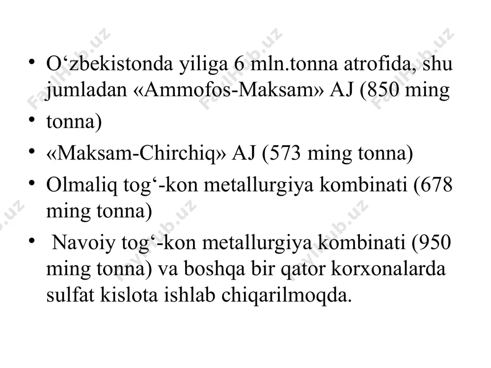 бсорберлари; 13 – кислота йиғгич сульфат кислотани олтингугуртдан контакт усули бўйича ишлаб чиқариш технологик схемаси tabiiy gazlarni nordon gazlardan tozalash 2rnh2 + h2s (rnh3)2s (rnh3)2s + h2s 2rnh2hs 2rnh2 + co2 (rnh3)2co3 (rnh3)2co3 + co2 + h2o 2rnh3hco3 2rnh2 + co2 2rnhcoonh3r сульфат кислотани олиниш назарияси концентрланган h2so4 ни ташишда темир идишларда суюлтирилган h2so4 ни ташишда полителин, шиша идишларда нитрози усули. 1) so2+h2o+no2=h2so4+no (реакцияга киришишида no дан катализатор сифатида фойдаланилади) минорали усул камерали усул h2so4 нинг олиниш жараёни (кислород ёрдамида куйдириш) 1) 4fes2+11o2=2fe2o3+8so2 h2so4 ни ташиш ва сақлаш (1-куйдириш жараёни) темир кочеданни (fes2) ёқиш жараёни махсус учоқлар реакцияга киришиш усулига қараб 2 турга бўлинади (темир занги ёрдамида куйдириш) 2) 4 fes2+16fe2o3=11fe3o4+2so2 адсорбция усули н2о н2so4 н2so4 н2so4*so3 сульфат кислота (h2so4) турли турдаги дори-дармон тайёрлашда газларни қуритишда, ювувчи воситалар тайёрлашда, буёвчи воситалар ишлаб чиқаришда, портловчи моддалар олишда, қурилиш материаллари олишда, нефт маҳсулотларини тозалашда кенг қўлланилади контакт усули v2o5 1)so2+o2=so3 2) so3+h2so4=h2s2o7 …