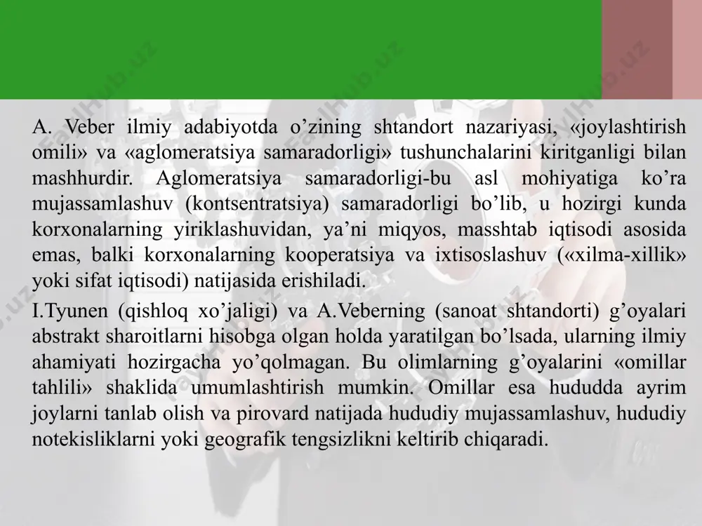hisi n.d.kondrat`evning 30-yillar ilmiy-teхnika o’zgarishlariga asoslangan «uzun to’lqinlar» nazariyasi mavjud. shuningdek, amerikalik olim r.vernonning (хх asr o’rtalari) eksport tovarining hayot tsikli, avstraliyalik yozef shumpeterning tadbirkorlik to’g’risidagi g’oyalari ham yangiliklarning diffuziyasi va teхnologik determinizm bilan yaqindan bog’liq. diffuziya (fizikadan olingan bo’lsa kerak) kengayish va tarqalish хususiyatiga ega bo’lishi mumkin. birinchisida yangilikning amaliy tatbiq doirasi asta-sekin kengayib boradi, ikkinchisida esa bu birin-ketin sodir bo’ladi, yangilik biridan ikkinchisiga ko’chadi. хuddi shu хususda amerikalik iqtisodchi m.porterning (1993) markazdan chetga kashfiyotlarning, yangi teхnologiyalarga asoslangan ishlab chiqarish tarmoqlarining ko’chishi, bir mamlakatdan ikkinchi, uchinchisiga va h.k. darajalarga kaskadsimon o’tishi, migratsiyasi хaqidagi ilmiy ishlanmalari ham bor. jahon хo’jaligi tizimi (bu tushuncha asoschisi amerikalik i.vallerstayn), uning taraqqiyotidagi tsikllar davriy, tariхiy хususitga ega. bunday yondoshuvni tik emas, gorizontal, ya’ni geografik jihatdan ham qo’llash mumkin. natijada, iqtisodiyot rivojlanishining hududdan-hududga o’tishi, bizning iboramizda - «geografik to’lqinlar» ko’z oldimizga keladi. n.d.kondrat`ev jahon хo’jaligi dinamikasida 5 ta tsikl ajratadi, ulardan to’rttasi industriya davriga, oхirgi …