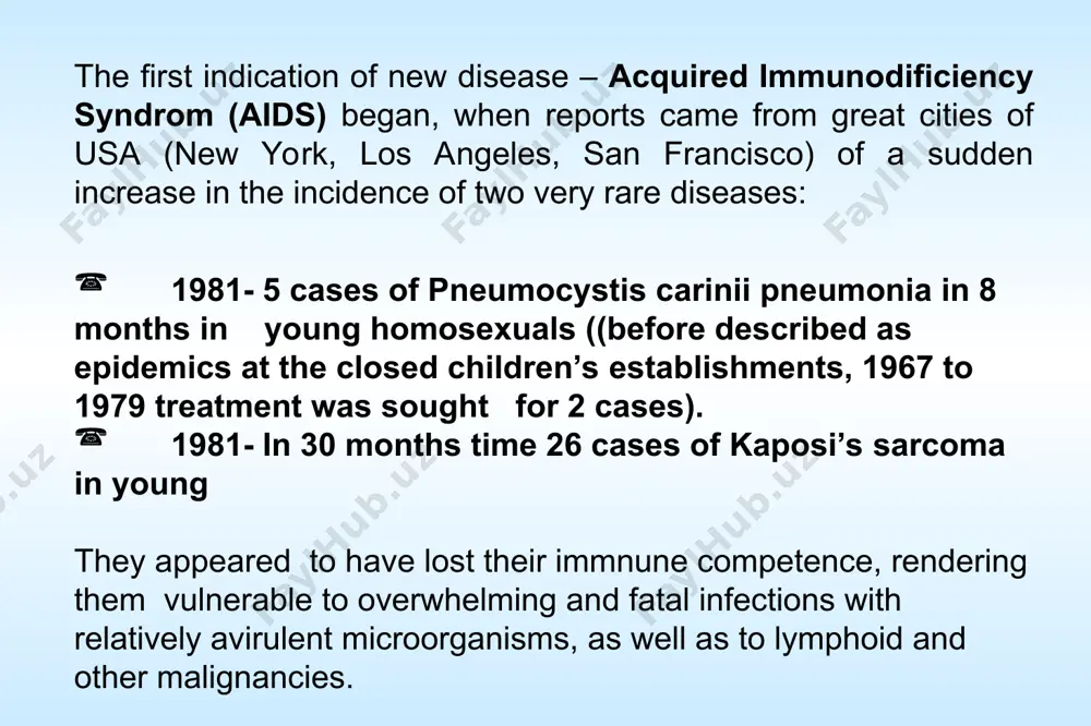 , hiv). immunodeficiency – means that the disease is characterized by a weakening of the immune system. syndrome – refers to a group of symptoms that collectively indicate or characterize a disease. a.i.d.s. a global view of hiv infection 33 million people [30–36 million] living with hiv, 2007 children ( 2 months diarrhoea for >2 months loss of weight > 10% of body wait within short period. night sweat loss of appetite cd4 cell count low p24 positive opportunistic infections of aids 1. protozoal infections: a) pneumocystis carinii b) toxoplasma gondii c) cryptosporidium d) isospora belli e) malaria opportunistic infections of aids 2. fungal infections: a) candida b) cryptococcus c) aspergillus 3. bacterial infections: opportunistic infections of aids a) mycobacterium b) salmonella c) pyogenic bacteria opportunistic infections of aids 4. viral infections: a) herpes simplex virus (hsv) b) herpes zoster virus c) cytomegalovirus (cmv) malignancy 1. kaposi’s sarcoma 2. non-hodgkin’s …