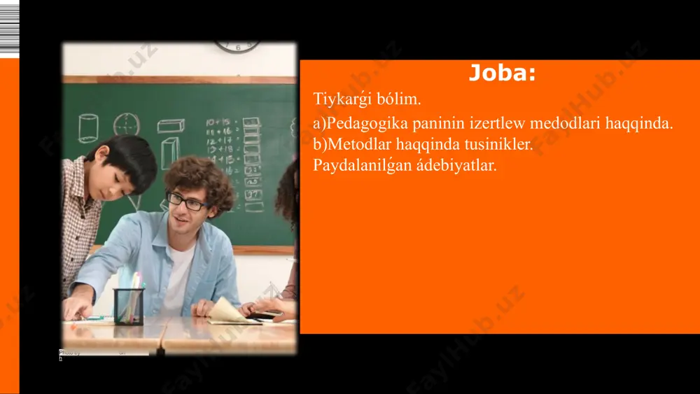 iklerine iye. baqlaw anıq maqset tiykarında, úzliksiz, izbe-iz hám sistemalı ámelge asırıladı arttırılsa, kútilgen nátiyjege erisiw múmkin. alıp barılıp atırǵan pedagogikalıq baqlaw tálim-tárbiya sapasın arttırıw, oqıwshı shaxsın qáliplestiriwge xızmet etedi, bul metodtıń áhmiyeti jáne de artadı. photo by xhiliana on unsplash sáwbet metodi. pedagogikalıq baqlawdı shólkemlestiriwde qátelikke jol qoymaw áhmiyetli.bunıń ushın izertlewshiden tómendegiler talap etiledi: 1) baqlaw procesinde anıq maqsetke iye boliw; 2) baqlawdi sistemalı túrde jolģa qoyiw; 3) baqlawdıń hár bir basqıshında anıq wazıypalardı sheshiw; 4) hárbir jaģdaydıń mánisin tereń úyreniw; 5) juwmaq shigariwga asıqpaw. bul metod pedagogikalıq baqlaw procesinde alınǵan maǵlıwmatlardı bayıtıw, házirgi jaǵdaydı durıs bahalaw, mashqalanıń sheshimin tabıwǵa imkaniyat beriwshi pedagogikalıq sharayatlardı jaratıw, tájiriybe-sınaq jumısları subektleri imkaniyatların mashqala sheshimine tartıwǵa járdem beredi. anketa metodi. sáwbet maqsetkege muwapıq individual, toparlıq hám de ǵalabalıq túrde ótkeriledi. sáwbetlesiw procesinde respondentlerdiń imkaniyatları tolıq kóriniwine erisiw áhmiyetli. anketa metodi (francuzsha - tekseriw). usı metod járdeminde pedagogikalıq baqlaw hám sáwbetlesiw barısında toplanǵan dáliller …