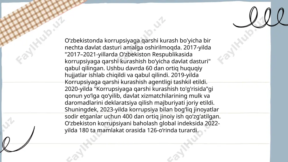 jumladan, qattiq qonunchilik, shaffof boshqaruv va kuchli ommaviy axborot vositalari nazorati mavjud. singapurda davlat xizmatchilarini maoshlarining yuqori darajada belgilanib, korrupsiyaning oldini olish masalalari hal etilgan. shvetsiyada ommaviy axborot vositalari va fuqarolik jamiyatlari faol ishtirok etib, shaffoflikning ta’minlanishida muhim rol o‘ynaydi. bu mamlakatlar tajribasi boshqa davlatlar uchun ham ko‘p yillar davomida muvaffaqiyatli namuna bo‘lib kelmoqda. ... t.me/slaydai_bot korrupsiya xavfini baholash metodlari turli yondashuvlarni o'z ichiga oladi. eng keng tarqalgan metodlardan biri korrupsiya persepsiyasi indeksi (cpi) bo'lib, transparency international tomonidan chop etiladi. bu indeksda mamlakatlar korrupsiya darajasi bo'yicha 0 dan 100 gacha ball oladi, bu yerda 0 - eng yuqori korrupsiya, 100 esa eng past korrupsiya darajasini anglatadi. shuningdek, jahon banki tomonidan ishlab chiqilgan boshqaruv indikatorlari ham muhim vositalardan biri hisoblanadi. ushbu indikatorlar korrupsiya nazorati, hukumatning samaradorligi va qonuniylikni o'z ichiga oladi. mckinsey va boshqa konsalting kompaniyalari ham turli xil korrupsiya xavfini baholash metodlarini taklif etadi, ular o'z ichiga tavakkalchiliklarni tahlil qilish …