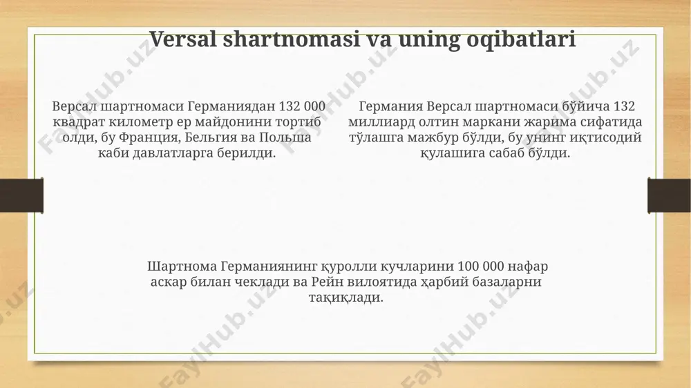 o mussolini boshchiligidagi fashistlar 200 000 kishidan iborat "marshlar" yordamida rimga yurish qilib, hokimiyatni qo'lga kiritdilar, bu esa mamlakatda avtoritar rejimning o'rnatilishiga olib keldi. 1920-yillarning oxiriga kelib, germaniyada iqtisodiy inqiroz va versal shartnomasi natijasida paydo bo'lgan noroziliklar fashizmning ko'tarilishiga zamin yaratdi, bu esa 1933-yilda gitlerning hokimiyatga kelishi bilan yakunlandi. yevropada siyosiy beqarorlik versal shartnomasi natijasida yevropaning siyosiy xaritasi o'zgargan va germaniya kabi davlatlarning hududiy yo'qotishlari va urushdan keyingi qarzlar ularning siyosiy beqarorligiga hissa qo'shdi, bu esa keyinchalik ikkinchi jahon urushiga olib keldi. 1920-yillarning oxiri va 1930-yillar davomida yevropada fashizm va natsizmning ko'tarilishi, germaniya, italiya va ispaniyadagi avtoritar rejimlarning o'rnatilishi mintaqadagi siyosiy beqarorlikni kuchaytirdi. 1930-yillardagi buyuk depressiya yevropa iqtisodiyotlariga jiddiy ta'sir ko'rsatib, ommaviy ishsizlik va ijtimoiy notinchlikka olib keldi, bu esa siyosiy ekstremizmning o'sishiga zamin yaratdi. misol uchun, germaniyada ishsizlik darajasi 30% dan oshdi. buyuk depressiya va uning taʼsiri buyuk depressiya 1929-yilda aqshning nyu-york fond birjasining qulashi bilan boshlanib, butun dunyo …