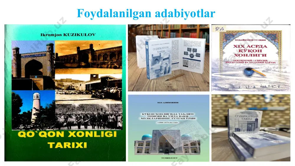 oshlangan. farmonga ko`ra namangan viloyatidan xar bir oiladan bir odam o`z ish quroli va o`n besh kunlik ozuqasi bilan kelishi majburiy bo`lgan. kanal qurilishiga boshqa viloyatlardan ham aholi hasharga jalb etilgan. kanal qazish uch yilga cho`zilgan. keyingi yillarda u kengaytirilgan va uzaytirilib 100 chaqirimga etkazildi. nahri umarxoniy 1819- 1821 yillarda shahrixon soyi kovlanib nahri umarxoniy deb nomlangan kanal qalilgan. uzunligi 101 chaqirimdan iborat bo`lgan bu kanalga qoradaryodan suv olingan. kanal bitgach andijonning janubiy – sharqiy erlariga suv chiqarilib qo`riq va bo`z erlar o`zlashtirish boshlandi, aholi yangi erlarga ko`chib keldi, shahrixon shahri bunyod etildi. musulmonqul kanali. musulmonqul 1839 – 1840 yillarda xalq kuchi bilan kanal qazdirdi. bu kanal keyinchalik uning nomi bilan atalgan. o`tanboy kanali. 1853 yil marg’ilon xokimi o`tanboy shahardan 8 chaqirim uzoqlikdagi fayzobod qishlog’ida devonarabod qishlog’i tomonga qarab xon buyrug’i bilan ariq qazdirdi xix asrning 50-yillarida chinobod arig’i, keyinroq xo`ton ariqg’i kovlangan. shuni ta`kidlash kerakki, ariqlarning qurilishida sharqiy turkistonlik …