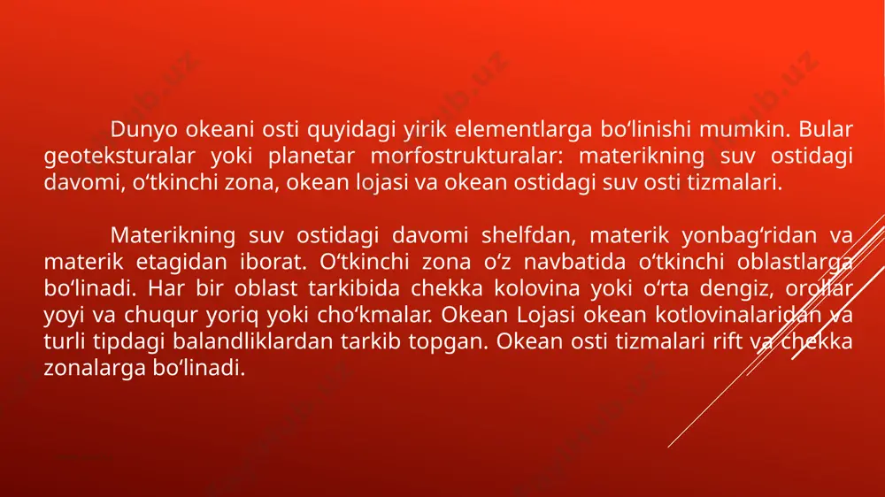 jasi orasida keng polosada o‘tkinchi zona bor. bu zona cheka dengizlarning chuqur kotlovinalaridan iborat. kotlovinalar suv osti tizmalari bilan chegaralangan. www.arxiv.uz 7 vulkanik orollar, orollardan yoyi hamda tor, juda chuqur cho‘kmalardan iborat. bunday cho‘kmalarda okeanning eng chuqur yerlari tarqalgan. orollar yoyi bilan ajralib turadigan dengizlar chuqur, osti notekis, suv osti tog‘lari, balandliklari, tepaliklari ko‘p. ba‘zi dengizlarni osti tekis, cho‘kinlarning qalinligi 2 – 3 km dan oshadi. orollar yoyi – suv osti tizmalaridan iborat, ularda vulkanlar bor. harakterli tomoni shundaki harakatdagi vulkanlarning suv ustida ko‘tarilib, orollarni hosil qilgan. masalan kuril orollari. yana shunday o‘tkinchi oblastlar borki bunda bitta emas bir qancha orollar yoyi bo‘ladi. masalan, sulavemi va xalmagera, yapon orollari yoyi. o‘tkinchi zonaning muhim geografik va geologik xususiyatlari vulkan harakatlari bilan bir qatorda yuqori darajada seysmikligidir. bunday joylarda yer qimirlash uchoqlari (efitsentri)ning uchala chuqur, o‘rtacha va yuzaki o‘choqlari bor. okean ostida o‘rtacha okean osti tizmalari bor. bunday tizmalarni borligi 50 – …