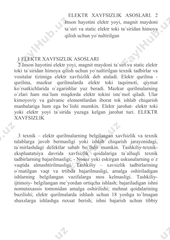 ish sabablarining o`ziga xos xususiyatlari xavfning ko`zga ko`rinadigan tafsilotlarining yo`qligi. elektr simi uzilishi ta`sirida bo`lgan maydon ichida harakatlanishda, kuchlanish ostidagi elektr qurilma qismlari bilan kontaktda bo`lishda va himoya qatlami ochilib ketgan tok uzatish elemnti ta`siri bor joyda harakatlanish. elektr tokening qo``qqisdan ta`sir etishi tufayli inson organizmining himoya funksiyalarining pasayib ketishi: tok ta`sirida beixtiyor yuzaga keluvchi hatti- harakatlar natijasida organizmning tok o`tkazuvchi boshqa elemtlar bilan kontaktda bo`lishi yoki yuqoridan(balandlikdan) pastga yiqilib tushishi. 5 5 elektr tokinining inson organizmiga ta`siri biologik – inson organizmi to`qimalarining junbushga kelishi va ta`sirlanishi. mazkur ta`sir natijasi sifatida skelet mushaklarining qattiq siqilishi ba`zi hollarda nafas olishning to`xtab qolishini, yoki ovoz pardalarining shishib ketishi oqibatida bo`g`ilishni kuzatish mumkin. elektrolitik – inson organizidagi suyuqliklarning elektr toki ta`siridagi elektroliz hodisasining yuz berishi (to`qimalarning edirilishi), o`z navbatida qon to`qimalari va molekulalari xususiyatlarining o`zgarishi. issiqlik – inson tanasi ayrim a`zolarining kuyishi va qon hamda qon tomirlarining tok ta`sirida qizib ketishi. mexanik – …