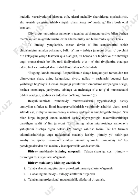 agi rivoji, gullab – yashnashi bugungi kun yoshlariga bog‘liqdir. demak, bugungi yoshlar har tomonlama rivojlangan о‘ziga, boshqa insonlarga, jamiyatga, tabiatga va mehnatga о‘z tо‘g‘ri munosabatini bildira oladigan, ijodkor va tadbirkor bо‘lmog‘i lozim.” (3) respublikamizda zamonaviy mutaxassislarni tayyorlashdagi asosiy tamoyillar sifatida ta’limni insonparvarlishtirish va ijtimoiylashtirish ularni asosi sifatida esa, milliy va umuminsoniy madaniy qadriyatlar aniq belgilab olingan. shu bilan birga, bugungi kunda kadrlani kasbiy tayyorgarligini takomillashtirishga qaratilgan yaxlit ta’lim jarayoni “ta’limning jahon miqiyosidaga zamonaviy yutuqlarini hisobga olgan holda” (2) amalga oshirish lozim. ta’lim tizimini takomillashtirishga unga mukammal madaniy kasbiy, ijtimoiy yо‘naltirilgan amaliy va ijodiy mazmun berishga xizmat quluvchi zamonaviy ta’lim paradegmalaridan biri madaniy insonparvarlik yondashuvidir. bitiruv malakaviy ishining maqsadi: talaba shaxsiga xos ijtimoiy – psixologik xususiyatlarni о‘rganish. bitiruv malakaviy ishining vazifalari: 1. talaba shaxsining ijtimoiy – psixologik xususiyatlarini о‘rganish. 2. talabaning ma’naviy – axloqiy sifatlarini о‘rganish 3. talabaning professional mutaxassislik sifatlarini о‘rganish. bitiruv malakaviy ishining obyekti: qarshi davlat universiteti 1-4 kurs …