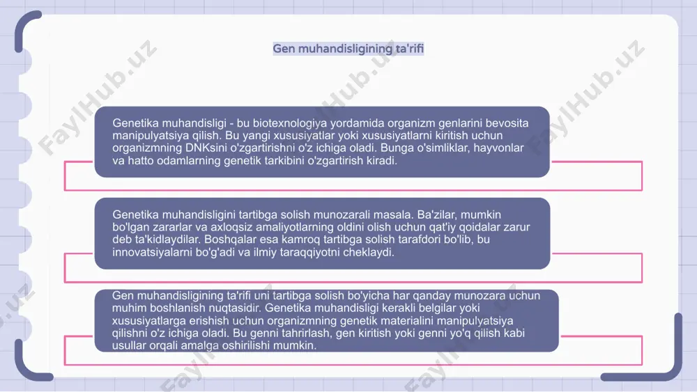 atsiya qilish va yangi organizmlarni yaratish qobiliyati bilan, kutilmagan oqibatlar va genetik jihatdan o'zgartirilgan organizmlarning atrof-muhitga tarqalishi xavfi mavjud. to'g'ri xavfsizlik protokollariga rioya qilinishini ta'minlash va genetik muhandislik texnologiyasidan noto'g'ri foydalanishning oldini olish uchun tartibga solish zarur. tartibga solinmagan holda, vijdonsiz shaxslar yoki kompaniyalar tegishli nazoratsiz eksperimentlar o'tkazish xavfi mavjud. tartibga solish, shuningdek, genetik muhandislik bilan bog'liq axloqiy muammolarni hal qilishga yordam beradi. u ushbu texnologiyadan foydalanish va qo‘llash bo‘yicha qarorlar shaffof va mas’uliyatli tarzda qabul qilinishini ta’minlab, jamoatchilik nazorati va fikr-mulohazalarini o‘tkazish imkonini beradi. 1 2 3 tartibga solishga qarshi dalillar birinchidan, genetik injeneriyani qonun bilan tartibga solish ilmiy taraqqiyot va sohadagi innovatsiyalarga to'sqinlik qilishi mumkin. tibbiyot va qishloq xo'jaligida ko'plab yutuqlar genetik muhandislik orqali amalga oshirildi va qat'iy qoidalar keyingi taraqqiyotga to'sqinlik qilishi mumkin. ikkinchidan, tartibga solish genetik muhandislikning potentsial afzalliklarini cheklashi mumkin. bu ekinlar hosildorligini oshirish, genetik kasalliklarni davolash usullarini ishlab chiqish va umumiy hayot sifatini yaxshilash …