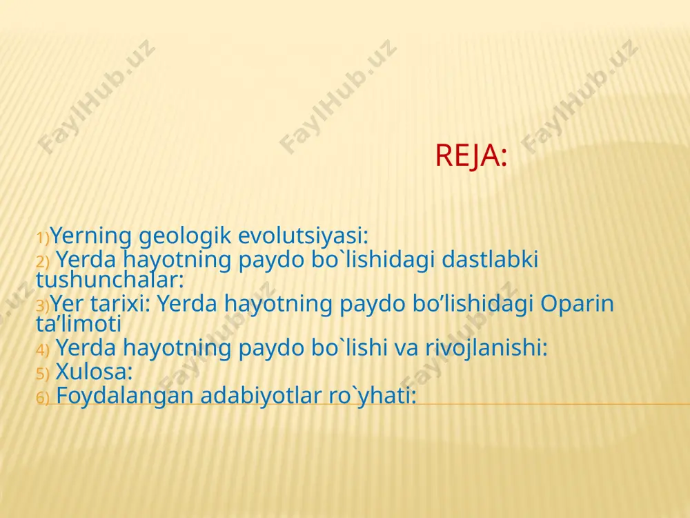 olishdan iborat. yerda hayotning paydo bo`lishidagi dastlabki tushunchalar o`zbekiston respublikasi oliy va o`rta maxsus ta’lim vazirligi mirzo ulug`bek nomidagi o`zbekiston milliy universiteti biologiya-tuproqshunoslik fakulteti 4-bosqich talabasi mustaqil ish evolyutsiya tabiatning rivojlanish shakllaridan biri bo’lib, to’xtovsiz doimiy son o’zgarishlaridan, ob‘ekt yoki hodisalarning sifat o’zgarishlarga olib kelishi tushuniladi. evolyutsiya fizik holatdan kimyoviy, keyin biologik va sotsial holatga o’tishdir. biologiyada «evolyutsiya» termini aniq ma‘noga ega bo’lib darvincha tabiiy tanlashga oiddir. ch. darvin tomonidan yaratilgan nazariya nafaqat tirik tabiatda, balki tirik bo’lmagan tabiatda sodir bo’ladigan hodisalarni ham tushuntirish imkoniyatini yaratdi. tabiiy tanlash organizmni tabiat bilan aloqasini bildiradi. evolyutsiyada tanlash kuchi yuzaga keladi. xx asrgacha koinot evolyutsiyasi haqida nazariy tushunchalar yetarli emasdi. xx asr boshiga kelib fanda tizimli qarash, tizimli nazariyalar kengaydi, natijada ko’pgina tushunchalar, jumladan koinotning yuzaga kelishi va evolyutsiyasi haqidagi modellar yaratildi. koinotni kosmologiya fani o’rganadi. astronomik tushunchada kosmos o’zaro ta‘sir etuvchi va rivojlanuvchi muhitdir. kosmik muhitlarda nyuton qonunidan farq qiladigan masala jismlarning …