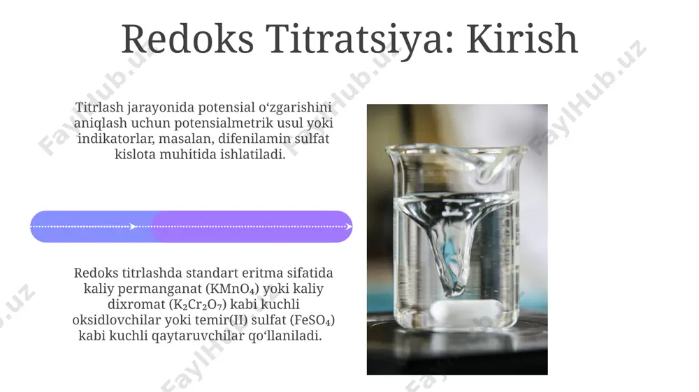 alarning o'rtacha qiymatini hisoblash, eksperimental xatolikni kamaytirib, 95% ishonch oralig'ini ta'minlaydi. titrlash jarayonida 20-30 tomchi indikator qo'shilishi, oksidlanish-qaytarilish reaksiyasining tugash nuqtasini aniqlash uchun etarli bo'lib, xatolikni 0,1% gacha kamaytiradi. xromatometriya xromatometriya, masalan, gaz xromatografiyasi yoki suyuqlik xromatografiyasi kabi turli xil texnikalarni o'z ichiga oladi, bu yerda ajratish mexanizmi har xil fazalar o'rtasidagi taqsimlanish koeffitsiyentiga asoslangan. xromatometriya, analitik kimyoda moddalarni aniqlash va miqdorini aniqlash uchun ishlatiladigan, komponentlarning konsentrasiyasi 10⁻⁵ — 10⁻⁸ mol/l gacha bo'lgan yuqori sezgir usul hisoblanadi. standart eritmalar tayyorlash стандарт 0,1 м тиосульфат (na₂s₂o₃) эритмасини тайёрлаш учун 24,82 г na₂s₂o₃•5h₂o ни тортиб олинади ва 1 литрли хажмли колбагага жойлаштирилади, сўнг дистилланган сув билан белгигача тўлдирилади. 1 литр 0,1 n k₂cr₂o₇ эритмасини тайёрлаш учун 4,903 г k₂cr₂o₇ ни олинади, кейинчалик 1 литрли хажмли колбагага жойлаштириб, дистилланган сув билан белгигача тўлдирилади. e'tiboringiz uchun rahmat @taqdimot_robot image4.jpg image5.jpg image6.jpg image7.jpg image8.jpg image9.jpg image10.jpg image11.jpg image12.jpg image13.jpg image14.jpg image15.jpg image16.jpg image17.jpg image18.jpg image19.jpg …