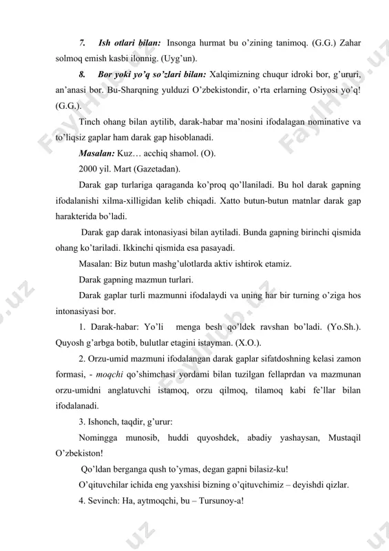 masalan: kel, ko’zim, nima ishing bor?. (o). so’roq gaplarda suhbatdoshni o’z fikrini anglatishga yoki ifodalanayotgan fikrga bo’lgan munosabatini bildirishga chaqiriladi. so’roq gaplar quyidagi vositalar yordami bilan tuziladi: 1. so’roq yuklamalari: - mi, - chi, a (ya), ba’zan-da, ku. masalan: nazira, shahar aylangani chiqamizmi? – men imtihonga tayyorgarlik ko’rayapman. – sen-chi? demak, olg’a, g’arb tomonga ekan-da? – mi, - chi yuklamalari vositasida hosil bo’lgan so’roq gaplarda intonasiya kuchli bo’lmaydi. – da, - a,- ya,-ku yuklamalari yordamida tuzilgan so’roq gaplarda intonasiyaning roli katta bo’ladi. 2. so’roq olmoshlari-kim?, - nima?, - qanday?, - qanaqa?, -qaysi?, -necha?, nechanchi?, kabilar. shaxs va narsalar haqida kim, nima, predmetining belgi qancha, necha, harakat-holatning bajarilishi yoki pretning bajarilishi yoki pretningmavjudlik o’rni, payti, holati, sababi maqsadini aniqlash uchun qaerda, qachon, qanday qilib, nechuk, nima uchun, nima sababdan, nima maqsadda kabi olmoshlar xizmat qiladi. masalan: uy vazifasini kim bajarmadi? g’ulom aka, o’sha vaqtlarda qancha xosil olar edingiz? (a.k.). xey yigitlar, …