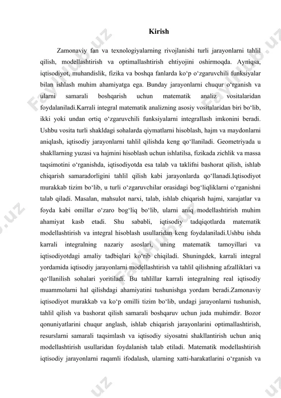 nlarni tushunish, tahlil qilish va bashorat qilish samarali boshqaruv uchun juda muhimdir. bozor qonuniyatlarini chuqur anglash, ishlab chiqarish jarayonlarini optimallashtirish, resurslarni samarali taqsimlash va iqtisodiy siyosatni shakllantirish uchun aniq modellashtirish usullaridan foydalanish talab etiladi. matematik modellashtirish iqtisodiy jarayonlarni raqamli ifodalash, ularning xatti-harakatlarini o‘rganish va turli ssenariylarni sinab ko‘rish imkonini beradi.matematik modellar yordamida iqtisodiy muammolarni miqdoriy baholash, ularning ichki bog‘liqliklarini tahlil qilish va optimal yechimlarni topish mumkin. masalan, talab va taklif modellari narx shakllanishi jarayonlarini tushunishga yordam bersa, ishlab chiqarish va xarajat funksiyalari biznes faoliyatining samaradorligini oshirishga xizmat qiladi. shuningdek, moliyaviy tahlilda daromad va xarajatlarni bashorat qilish, investitsiya strategiyalarini ishlab chiqish ham matematik modellashtirish vositasida amalga oshiriladi.iqtisodiyotda matematik modellashtirishning yana bir muhim jihati – murakkab tizimlarni soddalashtirish va ularni tahlil qilishni osonlashtirishdir. haqiqiy iqtisodiy jarayonlar ko‘plab o‘zgaruvchilarga bog‘liq bo‘lsa-da, matematik model orqali asosiy tendensiyalar va qonuniyatlarni ajratib ko‘rsatish mumkin. bu esa iqtisodchilar, tadbirkorlar va siyosatchilar uchun aniq qarorlar qabul qilishda muhim …