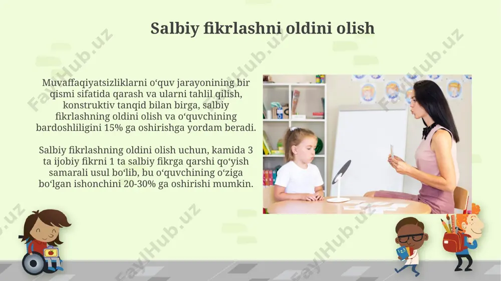 vchilarning 3 ta asosiy fikrni tushunishini ta'minlash uchun 1-fikrdan 2-fikrga, keyin 3-fikrga o'tish kabi ketma-ketlikni saqlashni nazarda tutadi. nutqning izchilligi grammatik jihatdan to'g'ri va bir xil uslubda qurilgan jumlalar orqali ta'minlanadi. masalan, 2-3 ta murakkab jumla o'rniga 5-7 ta sodda va tushunarli jumlalardan foydalanish maqsadga muvofiq. faol bo'lmagan o'quvchilar bilan ishlashda o'qituvchining nutq madaniyati faol bo'lmagan o'quvchilar bilan muloqotda o'qituvchi 2-3 daqiqadan oshmaydigan qisqa, aniq va tushunarli gaplarni ishlatishi, ortiqcha murakkab so'zlar va iboralardan qochishi kerak. o'qituvchi nutqida ijobiy motivatsiya va rag'batlantirish elementlari (masalan, “ajoyib!”, “zo’r!”, 5 balldan 4 ball qo'lga kiritding!” kabi) kamida 30% ni tashkil qilishi, talabaning o'ziga bo'lgan ishonchini oshirishga qaratilishi lozim. individual yondashuv va motivatsiya o'quvchilarning motivatsiyasi darajasini aniqlash uchun 5-7 ta savolnoma va baholash usullaridan foydalanish individual yondashuvni samaraliroq qiladi. har bir o'quvchining qiziqishlari va kuchli tomonlarini hisobga olgan holda, kamida 3 ta turli motivatsion texnikalarni qo'llash o'quv jarayonini ancha faollashtiradi. e'tiboringiz uchun rahmat @taqdimot_robot …