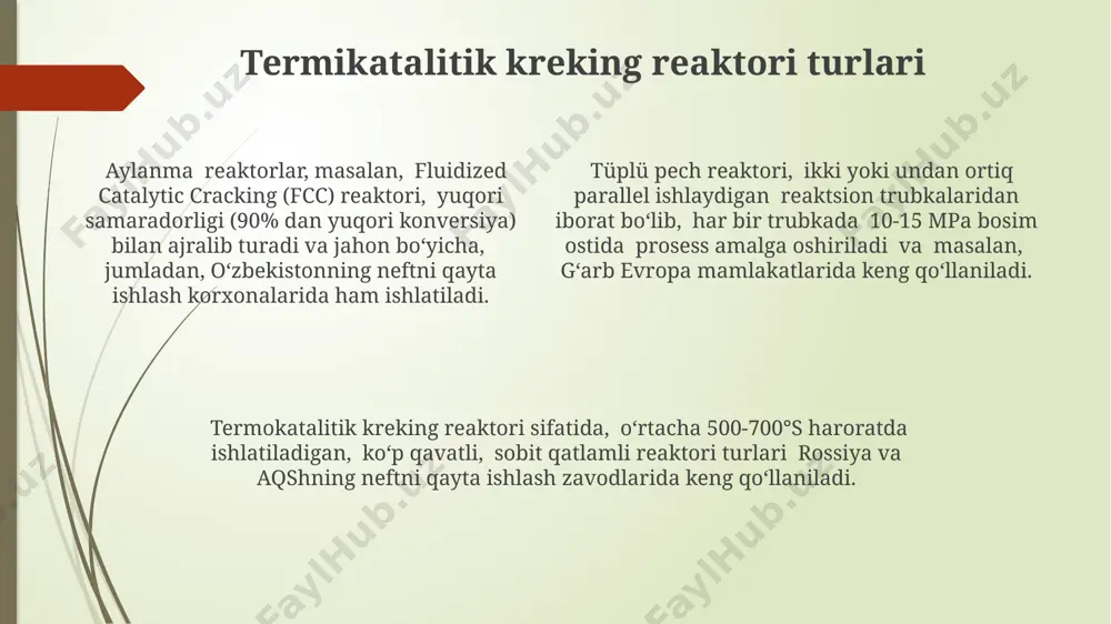 ермик ва термокаталитик крекинги бўйича янги катализаторларни яратиш ва уларнинг самарадорлигини оширишга қаратилган тадқиқотлар олиб бормоқда. energiya samaradorligi тошкент нефтьни қайта ишлаш заводида олиб борилган тажрибалар шуни кўрсатдики, янги технологияларни жорий этиш натижасида энергия самарадорлиги 20% гача ошиши мумкин. ўзбекистондаги газни термик крекинг қилиш заводларида 600-700°c да 90% гача углеводородларнинг конверсиясига эришилади, бу эса энергия самарадорлигини оширишга олиб келади. термокаталитик крекинг жараёнида катализаторларнинг иш фаоллигини ошириш орқали, масалан, 10-15% гача, россияда ишлаб чиқарилган катализаторлардан фойдаланиш орқали энергия сарфини камайтириш мумкин. jarayon parametrlari optimallashtirish jarayonning optimal harorati 500-600°c oraligʻida, bosim esa 1-5 mpa oraligʻida fargʻona neftni qayta ishlash zavodida oʻtkazilgan tajribalarda eng yaxshi natijalarni berdi. katalizator sifatida pt/al2o3 ning 0,5% li konsentrasiyasi samarqanddagi laboratoriya sharoitida oʻtkazilgan sinovlarda gazli uglevodorodlarning termik va termik katalitik kreking samaradorligini 15% ga oshirdi. reaksiyaning optimal vaqti 0,5-2 soat oraligʻida boʻlib, buхоро viloyatidagi zavodda oʻtkazilgan tajribalar natijalariga koʻra, mahsulot hosildorligini maksimal darajada oshirdi. termal kreking reaktori turlari …