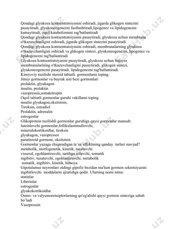 neogenezni pasaytiradi, lipidogenezni rag'batlantiradi. kimyoviy tuzilishi steroid tabiatli gormonlarni toping. jinsiy gormonlar va buyrak usti bezi gormonlari prolaktin, glyukagon insulin, prolaktin vazopressin,somatotropin oqsil tabiatli gormonlar guruhi vakillarni toping insulin glyukagon,oksitotsin, tiroksin, estradiol prolaktin, adrenalin estrogenlar glikoprotein tuzilishli gormonlar guruhiga qaysi gormonlar mansub: luteinlovchi gormonlar,follikulastimullovchi, mineralokortikoidlar, tiroksin glyukagon, vazopressor paratireoid gormoni, oksitotsin gormonlar yuzaga chiqaradigan ta’sir effektining qanday turlari mavjud? metabolik, morfogenetik, kinetik, tuzatuvchi visseral, ogohlantiruvchi, tartibga soluvchi, somatik ingibitiv, tuzatuvchi, ogohlantiruvchi, metabolik somatik, ingibitiv, kinetik, himoya gipotalamus neyronlari oldingi gipofiz bezidan ma'lum gormon sekretsiyasini ingibirlovchi moddalarni ajratishga qodir. ularning nomi nima: statinlar liberinlar estrogenlar glyukokortikoidlar osmo- va valyumoretseptorlarning qo'zg'alishi qaysi gormon sinteziga sabab bo’ladi vasopressin aldosteron tiroksin samototrop gipofizning orqa qismi-neyrogipofizdan qanday gormonlar chiqariladi: vazopressin, oksitotsin ttg, insulin jinsiy gormonlar, glyukokortikoidlar renin, aldosteron suvning fakultativ reabsorbtsiya intensivligini boshqaruvchi asosiy gormon qaysi? antidiuretik gormon (vazopressin) aldosteron paratireoid gormon tirokalsitonin somatotrop gormoni yetishmasligi tufayli yuzaga keladi…..? "gipofizar nanizm" gipotalamus gipertrofiyasi qalqonsimon bezning …