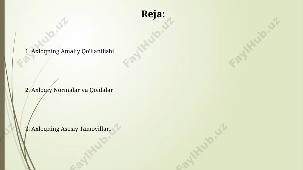 oniylik kabi 5 ta asosiy tamoyil axloqiy qoidalar va me'yorlarning yadrosi hisoblanadi, ular jamiyatning barqaror rivojlanishi uchun muhimdir. zamonaviy jamiyatda axloq axloqiy dilemmani hal qilishda 70% hollarda shaxsning o'ziga xos qadriyatlari va ijtimoiy normalar o'rtasidagi ziddiyat kuzatiladi. zamonaviy jamiyatda axloqiy normalarning 30% dan ortig'i texnologiyalar rivojlanishi bilan bog'liq yangi qiymatlar va qoidalar bilan to'ldirilgan. shaxsiy axloq va jamoaviy axloq shaxsiy axloq 5 ta asosiy qoida (halollik, rostgoʻylik, adolatlilik, mehr-oqibatlilik, mas’uliyatlilik) bilan tavsiflanadi, jamoaviy axloq esa 10 ta norma (hamkorlik, hurmat, birdamlik, bagʻrikenglik, insonparvarlik va boshqalar) orqali shakllanadi. shaxsiy va jamoaviy axloqning uygʻunligi individual rivojlanish va ijtimoiy taraqqiyotning 70% dan ortiq muvaffaqiyatini taʼminlaydi, qolgan 30% esa boshqa omillarga bogʻliq. e'tiboringiz uchun rahmat @taqdimot_robot image1.jpg image2.jpg image3.jpg image4.jpg image5.jpg image6.jpg image7.jpg