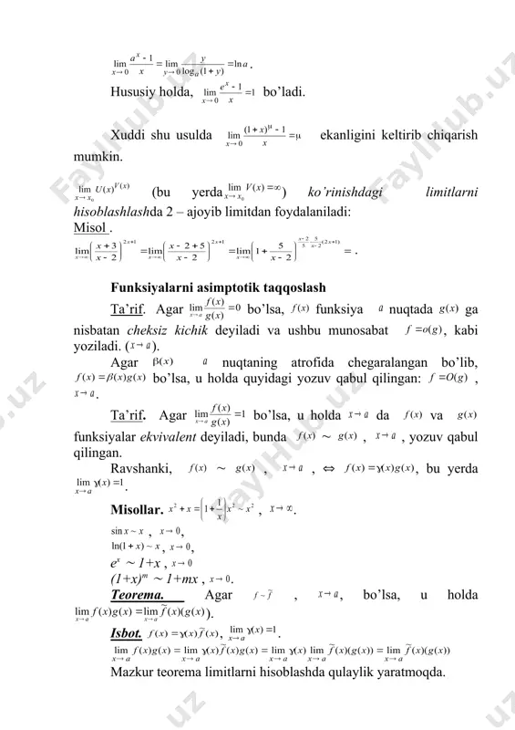 . agar , , bo’lsa, u holda ). isbot. , . mazkur teorema limitlarni hisoblashda qulaylik yaratmoqda. misol. 1. . (. embed equation.3 . teorema. bo’lsa, quyidagi simvolik formulalar o’rinli: 1) ; 2) ; 3) ; 4) ( va . masalalar yechganda quyidagi formulalardan foydalanish maqsadga muvofiq , , , , bunda . misol. . misol. embed unknown , , , . adabiyotlar: 1) азларов. т., мансуров. х. “математик анализ” 1т: 1994,2т. 1995. 2) xикматов а.x., турдиев т., “математик анализ” тошкент: 1т, 1990 . 3) введение в maple. математический пакет для всех. в.н.говорухин, в.г.цибулин, мир, 1997 4) пакет символьных вычислений maple v. г.в. прохоров и др. "петит", 1997 5) математическая система maple v. в.п.дьяконов, "солон", 1998 6) maple v power edition. б.м. манзон, "филин", 1998. 7) агарева о.ю., введенская е. в., осипенко к. ю. предел функции. непрерывностъ ( методические указания к практическим занятиям по теме : maple ( в курсе …