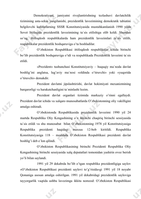 l 29 dekabrda bo’lib o’tgan respublika prezidentligiga saylov «o’zbekiston respublikasi prezidenti saylovi to’g’risida»gi 1991 yil 18 noyabr qonuniga asosan amalga oshirilgan. 1991 yil dekabridagi prezidentlik sayloviga tayyorgarlik vaqtida ushbu lavozimga ikkita nomzod: o’zbekiston respublikasi xalq demokratik partiyasi va o’zbekiston kasaba uyushmalari federatsiyasidan i.a.karimov va «erk» partiyasidan uning rahbari m.solih ko’rsatilgan edi. saylov to’g’risidagi qonunga asosan, markaziy saylov komissiyasi tushgan hujjatlarni ko’rib chiqib, ikkala nomzodni ro’yxatga oldi. markaziy saylov komissiyasi 1991 yil 30 dekabrda saylov natijalarini yakunlab, saylov to’g’risidagi qonunning 35-moddasiga asosan, saylovchilarning 86 foiz ovozini to’plagan i.a.karimov 1991 yil 29 dekabrdagi saylovda saylangan o’zbekiston respublikasi prezidenti ekanligi to’g’risida qaror chiqardi . o’zbekiston respublikasi konstitutsiyasining 90-moddasiga muvofiq, o’zbekiston respublikasi prezidenti lavozimiga o’ttiz besh yoshdan kichik bo’lmagan, davlat tilini yaxshi biladigan, bevosita saylovgacha kamida 10 yil o’zbekiston hududida muqim yashagan o’zbekiston respublikasi fuqarosi saylanishi mumkin. bir shaxs surunnasiga ikki muddatdan ortiq o’zbekiston respublikasining prezidenti bo’lishi mumkin emas. o’zbekiston respublikasi konstitutsiyasining 91-moddasiga ko’ra, …