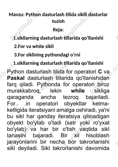 python dasturlash tilida siklli dasturlar tuzish — DOCX