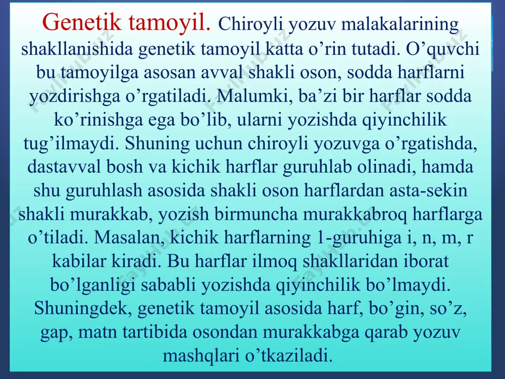 k tahlilning amalga oshirilishi muhim sanaladi. savodli yozuvning grafik bilimlar bilan bog’liqligi tamoyili. chiroyli yozuv imlo bilan chambarchas bogliq.o’quvchining imloviy savodxonligi haqida g’amxo’rlik qilish tilning aniqligi, fikrni to’g’ri ifodalash, kishilar bilan o’zaro xatosiz muomala uchun g’amxo’rlik demakdir. shu sababli ham savod o’rgatish davrida bolalarda grafik malakalarni shakllantirish bilan birga imloga oid malakalarning shakllanishiga zamin yaratiladi. ma’lumki, savod o’rgatish davrida o’quvchi gapni bosh harf bilan yozish, so’zning satrga sig’may qolgan qismini keyingi qatorga ko’chirish, kishilar ismi, sharifi, hayvonlarga qo’yilgan nomlarda bosh harf ishlatilishini amaliy tarzda o’rganadi. image2.png image3.png /docprops/thumbnail.jpeg