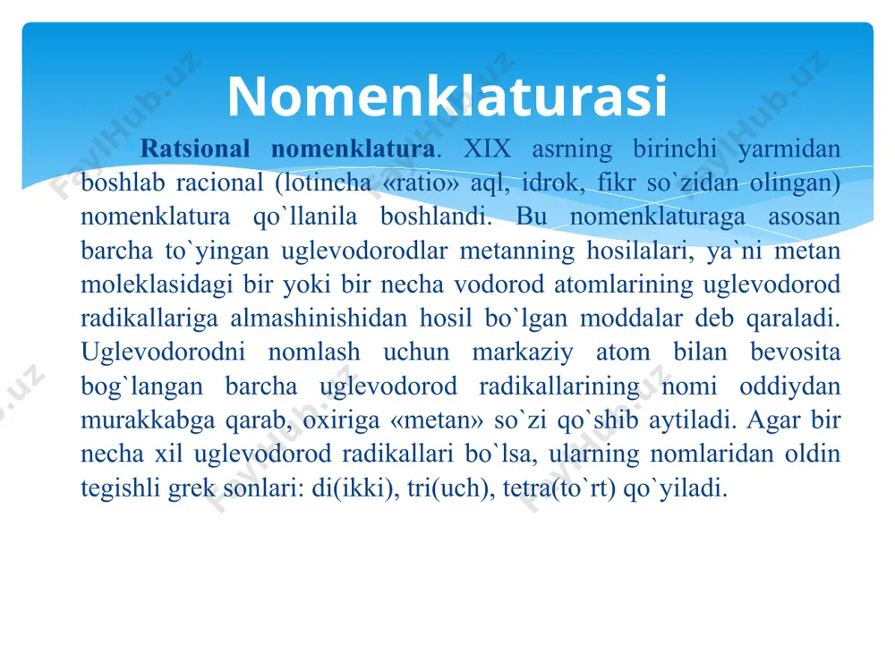 dlarning galogenli – yodli, bromli ayrim hollarda esa xlorli hosilalari (galoid alkillar)ga natriy metali ta’sir ettirish orqali amalga oshiriladi. viyurs reaksiyasi. agar reaksiya uchun har xil tuzilishga ega bo’lgan galoid alkillar olinsa, uch xil uglevodorodlarning aralashmasi hosil bo’ladi, ya’ni bu reaksiyaning mexanizmini rus olimi p.p. sharigin o’rgangan bo’lib, bunga ko’ra reaksiya ikki bosqichda boradi: dastlab galoid alkil natriy metali bilan oraliq mahsulot natriy organik birikmani hosil qiladi: oraliq mahsulot galoid alkilning ikkinchi molekulasi bilan ta’sir etib to’yingan uglevodorodlarni hosil qiladi: kimyoviy xossalari. to’yingan uglevodorodlar kimyoviy jihatdan deyarli inert birikmalar bo’lib, tegishli sharoit yaratilgandagina parchalanish va almashinish jarayonlariga kirisha oladilar. galogenlash. to’yingan uglevodorodlar galogenlar bilan yorug’lik ta’sirida reaksiyaga kirishadilar. reaksiya ftor bilan portlash (ayrim hollarda xlor bilan ham) orqali sodir bo’ladi. metanni xlorlash reaksiyasi: to’yingan uglevodorodlarni yorug’lik ta’sirida (foto kimyoviy) xlorlash reaksiyasi radikal zanjirli mexanizm bilan borishi isbotlangan. n.n. semenov metanni xlorlash reaksiyasi mexanizmi quyidagicha borishini tavsiya etgan: bromlash reaksiyasi xlorlashga …