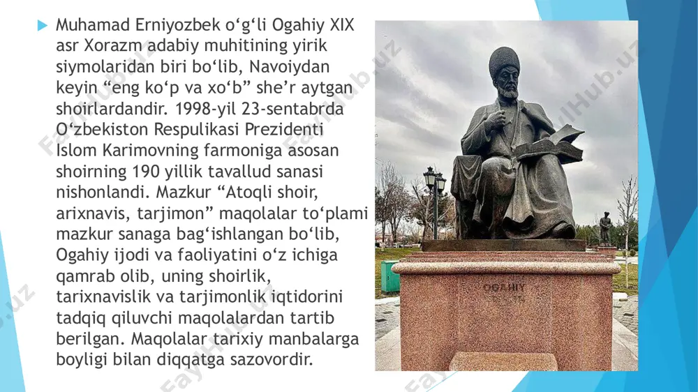 'z asarlarini yozishda diniy va siyosiy holatlarni ham muhokama qilgan. shoirlarning san'ati ulkan tarixiy jarayonlarni ifodalaydi. atoqli shoir, tarixnavis va tarjimonlarning ahamiyatini ularning yaratgan asarlari, xalqqa qilgan xizmatlari va kelajak avlodlarga qoldirgan ilmiy merosi orqali ko'rish mumkin. ular o'zlarining ijodiy faoliyati orqali jamiyatni rivojlantirishga, o'z xalqining tarixini saqlashga, va adabiyotini boyitishga katta hissa qo'shganlar. ularning asarlari, ilmiy tadqiqotlari va tarjimalari bugungi kunda ham dolzarb ahamiyatga ega.  ogohiy, o'z ijodiy faoliyatida o'z davrining madaniy hayotiga katta ta'sir ko'rsatgan. uning asarlari va tarixiy qarashlari o'z zamonining siyosiy va ijtimoiy muammolarini eng yaxshi tarzda aks ettirgan. shoir va tarixnavis sifatida uning ijodi nafaqat adabiy va ilmiy sohada, balki xalqni tarbiyalash, unga hayotning haqiqatlarini ko'rsatishda ham muhim rol o'ynagan.ogohiyning hayoti va ijodi haqidagi maqolalar to'plami o'zining boy ilmiy va adabiy merosiga, shuningdek, o'z zamonidagi ijtimoiy-siyosiy vaziyatlarni tahlil qilishdagi o'ziga xos yondashuvlariga asoslangan. ularning o'ziga xosligi, nafaqat tarixiy faktlarni yoritish, balki insoniyatning ma'naviy o'sishini …