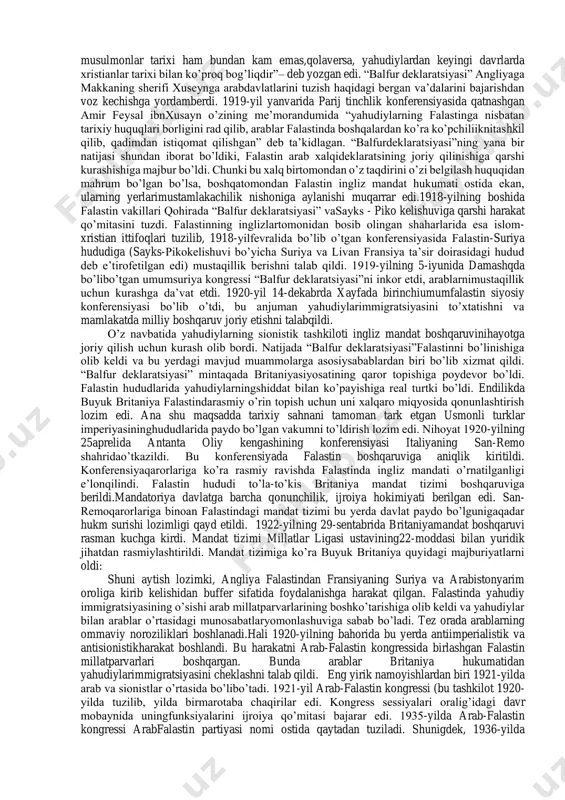 siyosatiko’rsatiladi. 1919-yil ko’rsatkichi bo’yicha falastindagi yahudiy aholining soni 57 ming kishini tashkil etgan: bu falastindagi butun aholi salmog’ining 9,7%ini; arabaholisining soni esa 533 ming kishi yoki butun aholining 90,3%ini tashkil etgan.1922-1948-yillarda falastin hududiga 685 ming yahudiya immigranti ko’chibkeladi. yuqorida keltirilgan raqamlar shunday xulosaga olib keladiki, falastin arabxalqi yashayotgan hududlar asta- sekinlik bilan yahudiylar tomonidano’zlashtirilganligi va bu o’z navbatida ushbu hududda yashayotgan ikki etnikguruhlarning kelajakdagi taqdiriga o’zining salbiy ta’sirini ko’rsatganligini kuzatish mumkin. falastin britaniya mandati ostida: yevropadan falastin orqali janubiy-sharqiy osiyoga, undan janubiy sharqqao’tuvchi muhim havo yo’li va o’rta yer dengizini fors qo’ltig’i bilan bog’lovchiquruqlik yo’li o’tar edi.1916-yil 9-16 mayda londonda angliya va fransiya rahbarlari o’rtasida osiyoturkiyasini bo’lish masalasida bo’lib o’tgan uchrashuvda sayks-piko kelishuviimzolanadi (p.sayks - britaniya harbiy mahkamasi boshlig’i. f.jorj.piko – fransiyadavlat arbobi) unga ko’ra falastinda xalqaro rejim o’rnatilishi kerak edi.shuningdek, sayks-piko maxviy kelishuviga binoan yemirilib borayotgan usmonliturklar imperiyasi ikki davlat (angliya va fransiya) tomonidan taqsimlab olingani qayd etilgan. mazkur …