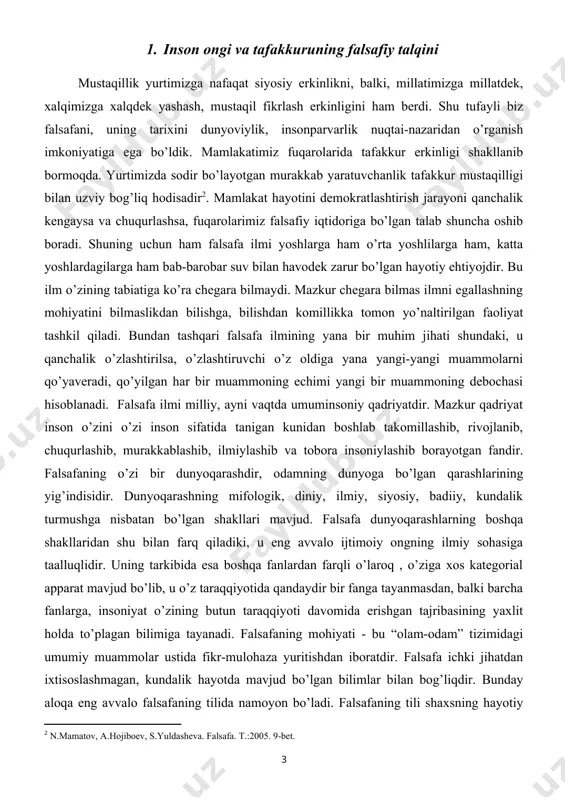 o’laroq , o’ziga xos kategorial apparat mavjud bo’lib, u o’z taraqqiyotida qandaydir bir fanga tayanmasdan, balki barcha fanlarga, insoniyat o’zining butun taraqqiyoti davomida erishgan tajribasining yaxlit holda to’plagan bilimiga tayanadi. falsafaning mohiyati - bu “olam-odam” tizimidagi umumiy muammolar ustida fikr-mulohaza yuritishdan iboratdir. falsafa ichki jihatdan ixtisoslashmagan, kundalik hayotda mavjud bo’lgan bilimlar bilan bog’liqdir. bunday aloqa eng avvalo falsafaning tilida namoyon bo’ladi. falsafaning tili shaxsning hayotiy tajribasini qayd etadigan so’zlarga boy bo’ladi. bu so’zlarning vazifasi – odamlarning har kungi amaliy faoliyatini, ularning o’z atrofida sodir bo’layotgan voqelik bilan bevosita aloqaga kirishishlarini ta’minlash, shu jumladan, umumijtimoiy muhit bilan bevosita aloqaga kirishishini ta’minlashdan iborat. falsafa tilini har kuni ishlatadigan tilimiz bilan solishtirib tahlil qilish shuni ko’rsatadiki, umuman olganda falsafaning tili maxsus fanlar tiliga nisbatan jonliroq, tabiiy tilga yaqinroqdir. falsafiy kategoriyalar madaniyatning rivojlanib borishi asosida shakllanadi hamda kundalik til strukturasida mujassamlashadi. falsafa so’zlarni izohlash jarayonida o’z tushunchalarini tizimlashtiradi, ularning ma’nosini yanada chuqurlashtiradi, lekin ularning …