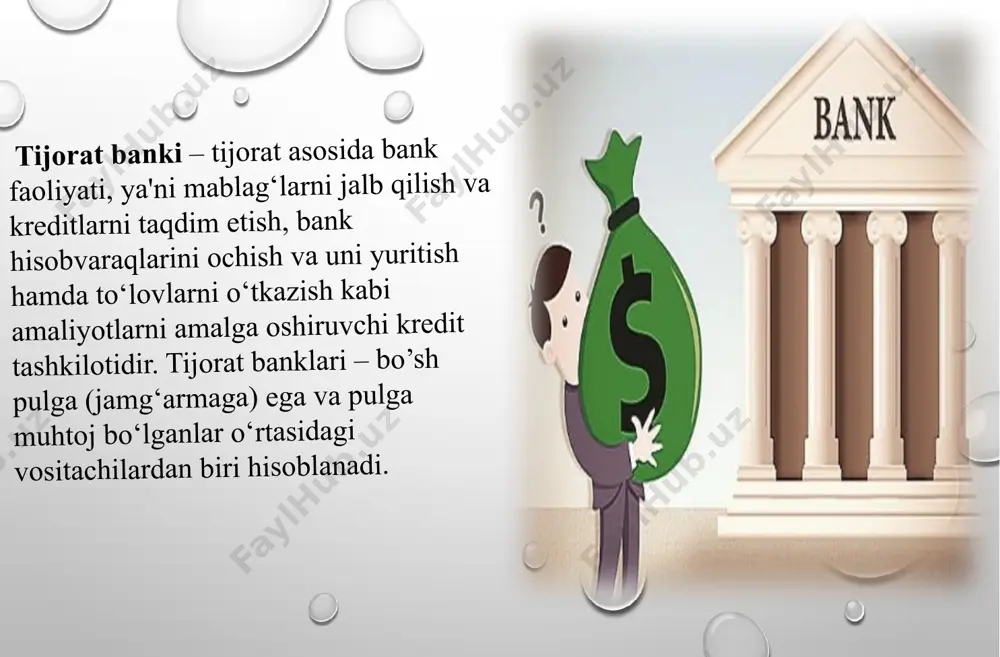 dan shakllantirilgan zaxira summalari va o‘tgan yillarning taqsimlanmagan foydasidan tashkil topadi. tijorat banklari ikkinchi darajali (qo‘shimcha) kapitali kreditlardan ko‘riladigan zararlarni qoplashga mo‘ljallangan zaxiraning riskka tortilgan aktivlar miqdori 1,25 foizidan oshib ketmaydigan qismi, qayta baholash zaxirasi, subordinatsiyalashgan qarz majburiyatlari va konsolidatsiyalashgan sho‘‘ba korxonalarini tashkil etish maqsadiga yo‘naltirilgan qo‘yilmalarni o‘z ichiga oladi. o‘zbekiston tijorat banklari kapitalining tarkibi va uning etarliligiga qo‘yilgan talablar markaziy bankning 1998 yil 2 noyabrda tasdiqlangan 420–sonli «tijorat banklari kapitalining etarliligiga qo‘yiladigan talablar to‘g‘risida nizomi» asosida tartibga solinadi. tijorat banklarining aktiv opersiyalari – bu banklarning passiv operatsiyalari natijasida shakllantirilgan mablag‘larini iqtisodiy jihatdan daromad (foyda) olish maqsadida turli maqsadlarga joylashtirish va likvidligini ta’minlash bilan bog‘liq operatsiyalardir. investitsiya operatsiya - banklar ho‘jalik yurituvchi sub’ektlar va davlatning qimmatli qog‘ozlariga moliyaviy mablag‘larni joylashtiradi. kassa operatsiyalari - orqali mijozlarga naqd pullarni berish va ulardan naqd pullarni qabul qilish bilan bog‘liq ishlarni amalga oshiradi. valyuta operatsiyalari - bevosita xorijiy mamlakatlar milliy valyutasini oldi – sotdisi …