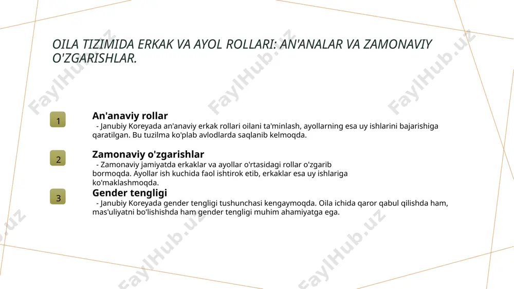 r o'rtasidagi munosabatlar. ota-ona roli avlodlararo munosabat ota-onaning ta'siri an'anaviy koreya oilasida ota-ona roli bolalarni tarbiyalash va yosh avlodni shakllantirishda muhim ahamiyatga ega. ota-onalar qattiq nazorat va qo'llab-quvvatlashni ta'minlaydi. ota-onalar va farzandlar o'rtasidagi munosabatlar hurmat va an'analar asosida quriladi. bu munosabatlar avlodlar o'rtasidagi bilim va tajribani uzatadi. ota-onalar an'anaviy qadriyatlarga asoslangan holda bolalarga tarbiya beradilar. ular farzandlarining o'zaro aloqalarini va jamiyatga moslashishlarini qo'llab-quvvatlaydilar. zamonaviy oilalarda ayol va erkak rollarining evolyutsiyasi. 1 oila ichidagi rollar zamonaviy oilalarda erkaklar va ayollar o'rtasidagi rollar an'anaviy o'rinlardan o'zgarib, hamkorlik va tenglik asoslariga ko'chmoqda. 2 gender tengligi janubiy koreyada gender tengligi masalasi muhim ahamiyatga ega. ayollar ish joylarida va oilaviy qarorlar qabul qilishda faol ishtirok etmoqda. 3 ijtimoiy o'zgarishlar ijtimoiy o'zgarishlar va zamonaviy qadriyatlar erkaklar va ayollarning rollarini qayta ko'rib chiqishiga olib keldi, oilaviy munosabatlarda yangi dinamikalar paydo bo'ldi. oilada bolalarning o'rni va ularning jamiyatdagi roli. 01 bolalarning o'rni janubiy koreyada bolalar oilaning markaziy qismi …