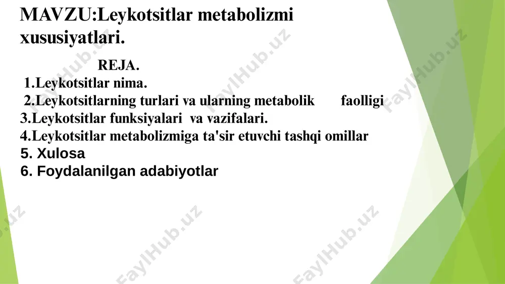 ar qon tomir o‘zanidan chiqib, hujayralararo bo‘shliqda o‘zicha harakat qila oladi. ular organizmning yot jismlar kirgan joyiga yetib kelib, mikroorganizmga yaqinlashgach, soxta oyoqlar chiqarib, ularni hamma tomondan o‘rab oladi va yutib yuboradi. yutilgan mikroorganizm yemirilib, leykotsit proto- plazmasida hazm bo‘lib ketadi. ko‘pincha bu jarayonda leyko­tsitlarning o‘zi ham nobud bo‘ladi, natijada yiring to‘planadi. organizmga kirgan zararli mikroorganizmlar (bakteriyalar, viruslar, zamburug‘lar va boshq.) shuningdek, jonsiz zararlarning leyko­tsitlar tomonidan shu tariqa yo‘q qilinishi fagositoz deb, buni amalga oshirgan leykotsitlar fagotsitlar deb ataladi. fagositozda faqat leykotsitlargina emas, balki organizmdagi boshqa hujayralar ham ishtirok etadi. bunday hujayralar makro-faglar deyiladi. leykotsitlar, makrofaglar, qon va to‘qimalardagi boshqa aktiv moddalar faqat bakteriyalar hamda kasallik qo‘zg‘atuvchi agentlarni yutib yuborish bilan kifoyalanmay, balki organizmni jarohat yoki kasallik tufayli nobud bo‘lgan hujayralardan, toksinlardan ham tozalaydi. shuning uchun turli kasalliklarda qonda leykotsitlar soni ancha oshib ketadi. 1 mkl qonda, odatda, 4000—9000 leykotsit bo‘ladi. ular soni kun bo‘yi o‘zgarib turadi, masalan, ertalab tongda …